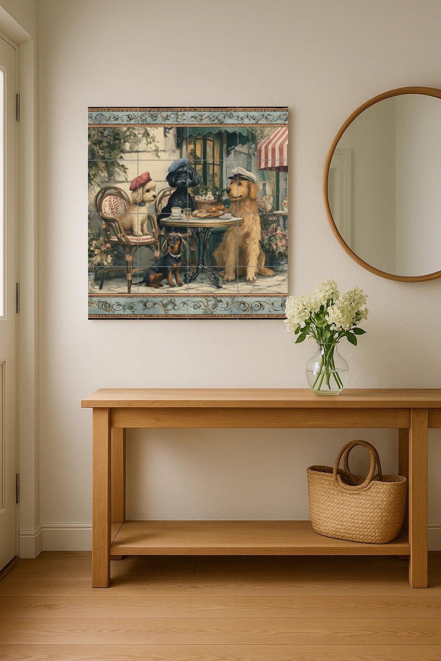 Perros en un café parisino · Fresque Céramique — Art Rustique de Ferme