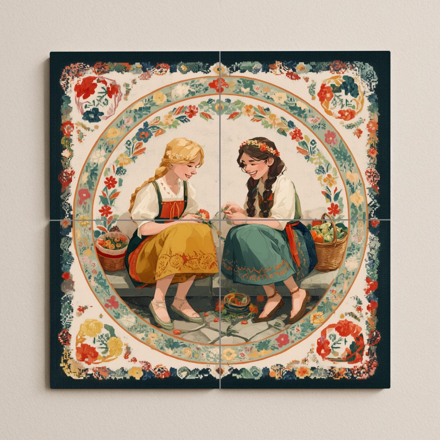 Dos niñas con trajes típicos y cestas · Fresque Céramique — Décor d'Art Populaire