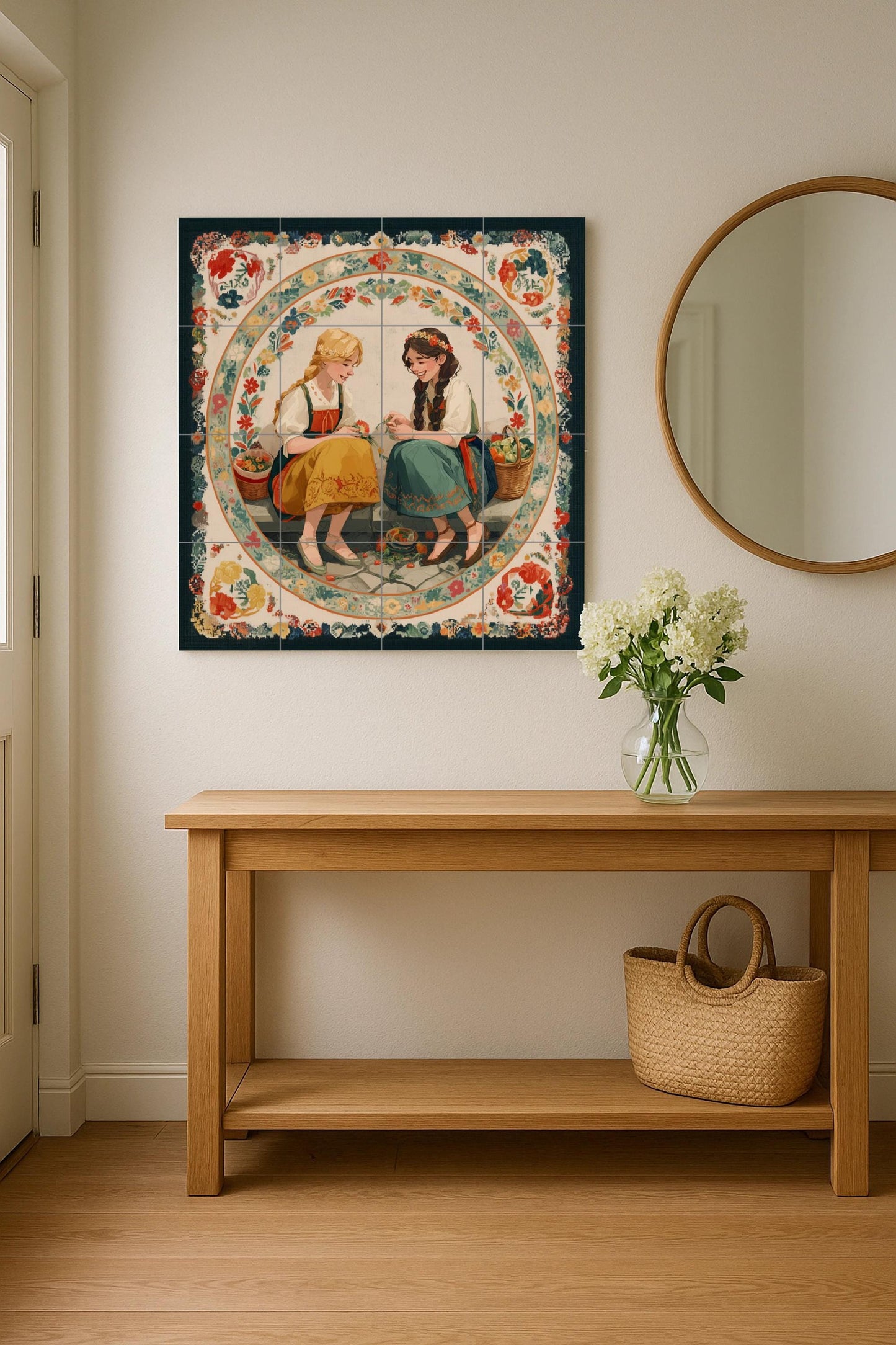 Dos niñas con trajes típicos y cestas · Fresque Céramique — Décor d'Art Populaire
