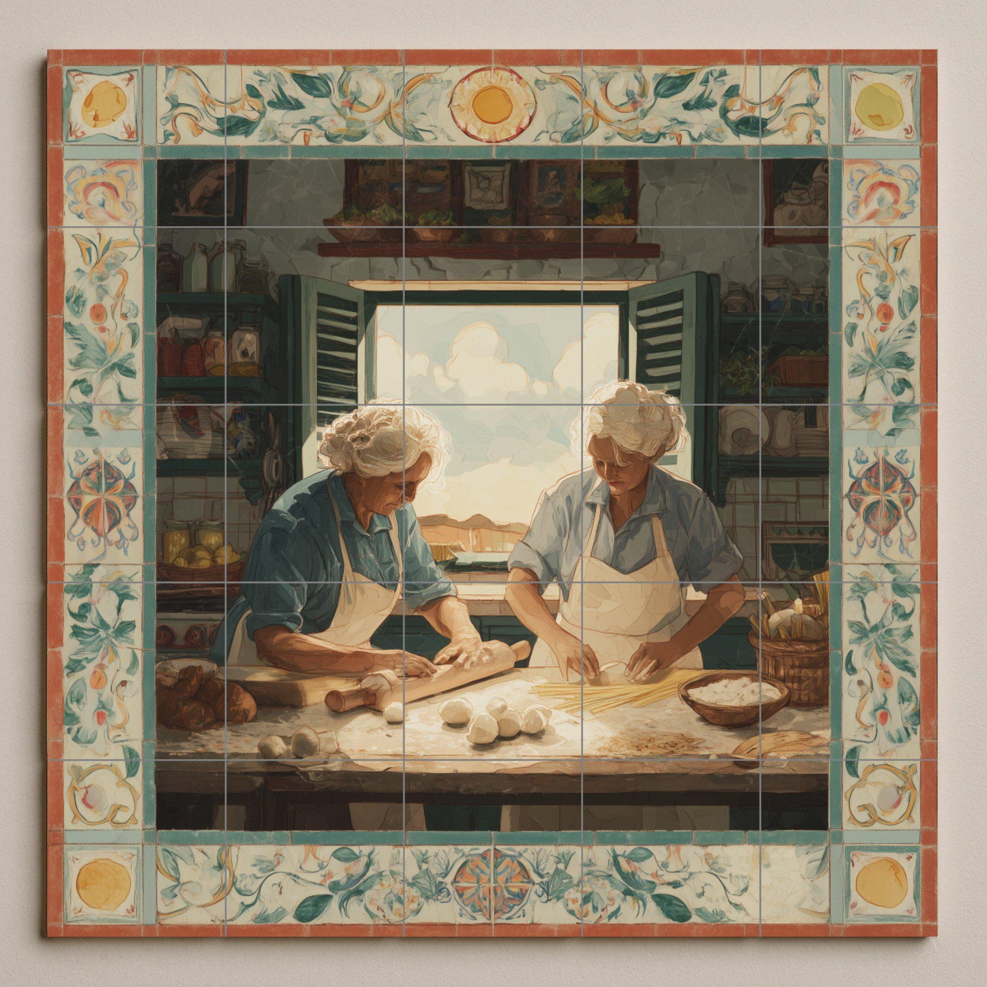 Nonnas italianas preparando pasta — Countryside Kitchen Art · Ceramic Tile Mural