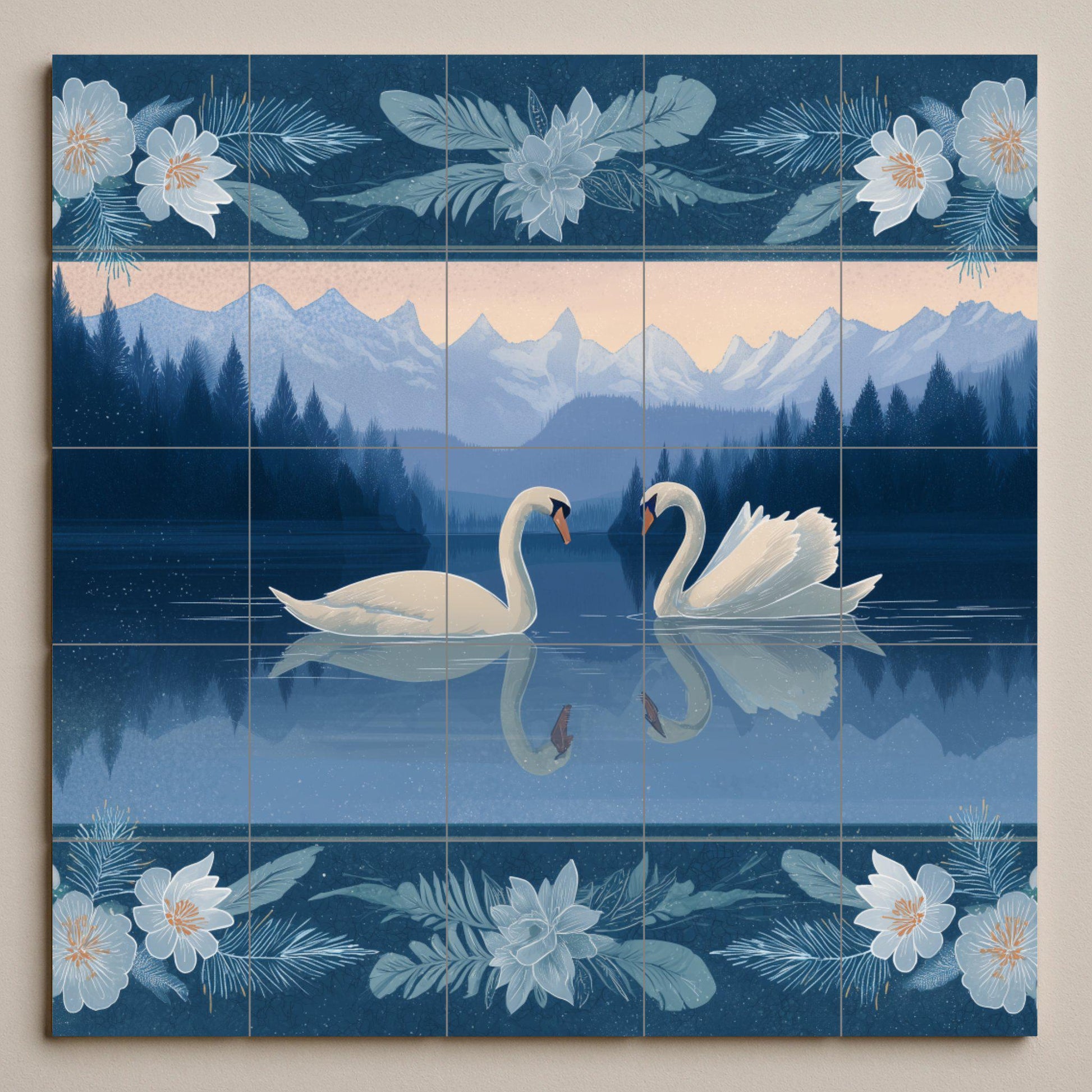Cisnes alpinos — Flowers & Landscape Art · Ceramic Tile Mural
