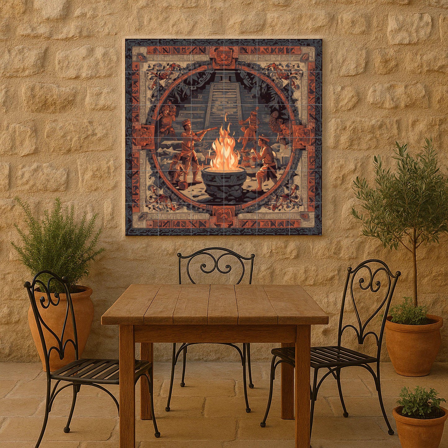 Ceremonia des Fuego Maya — Fliesen-Wandbild aus Keramik · Landhausküchen-Kunst