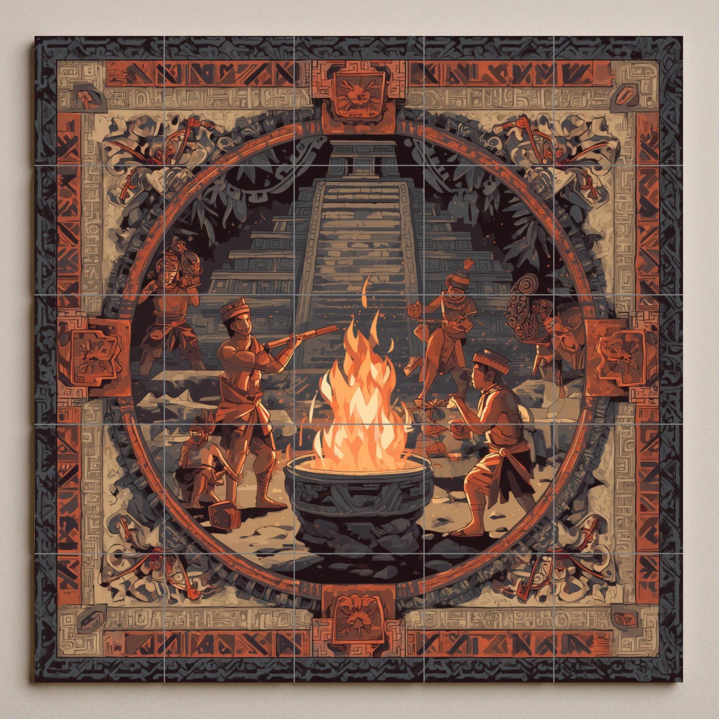 Ceremonia des Fuego Maya — Fliesen-Wandbild aus Keramik · Landhausküchen-Kunst