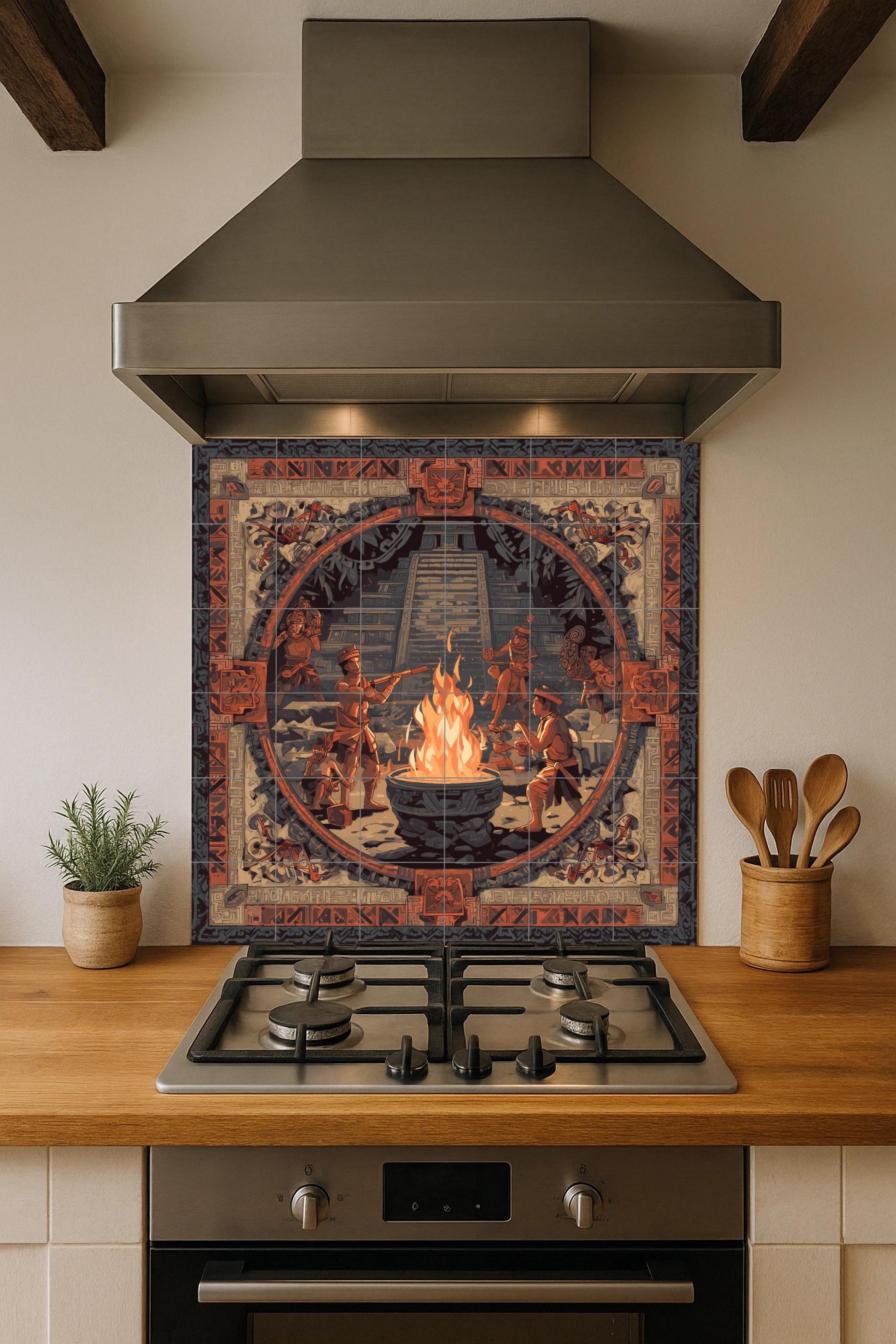Ceremonia des Fuego Maya — Fliesen-Wandbild aus Keramik · Landhausküchen-Kunst