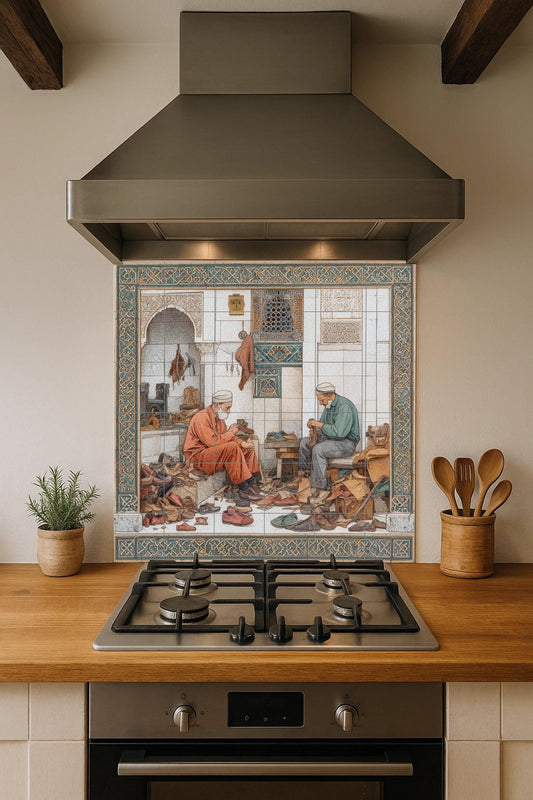 Zapateros marroquíes — Rustic Farmhouse Art · Ceramic Tile Mural