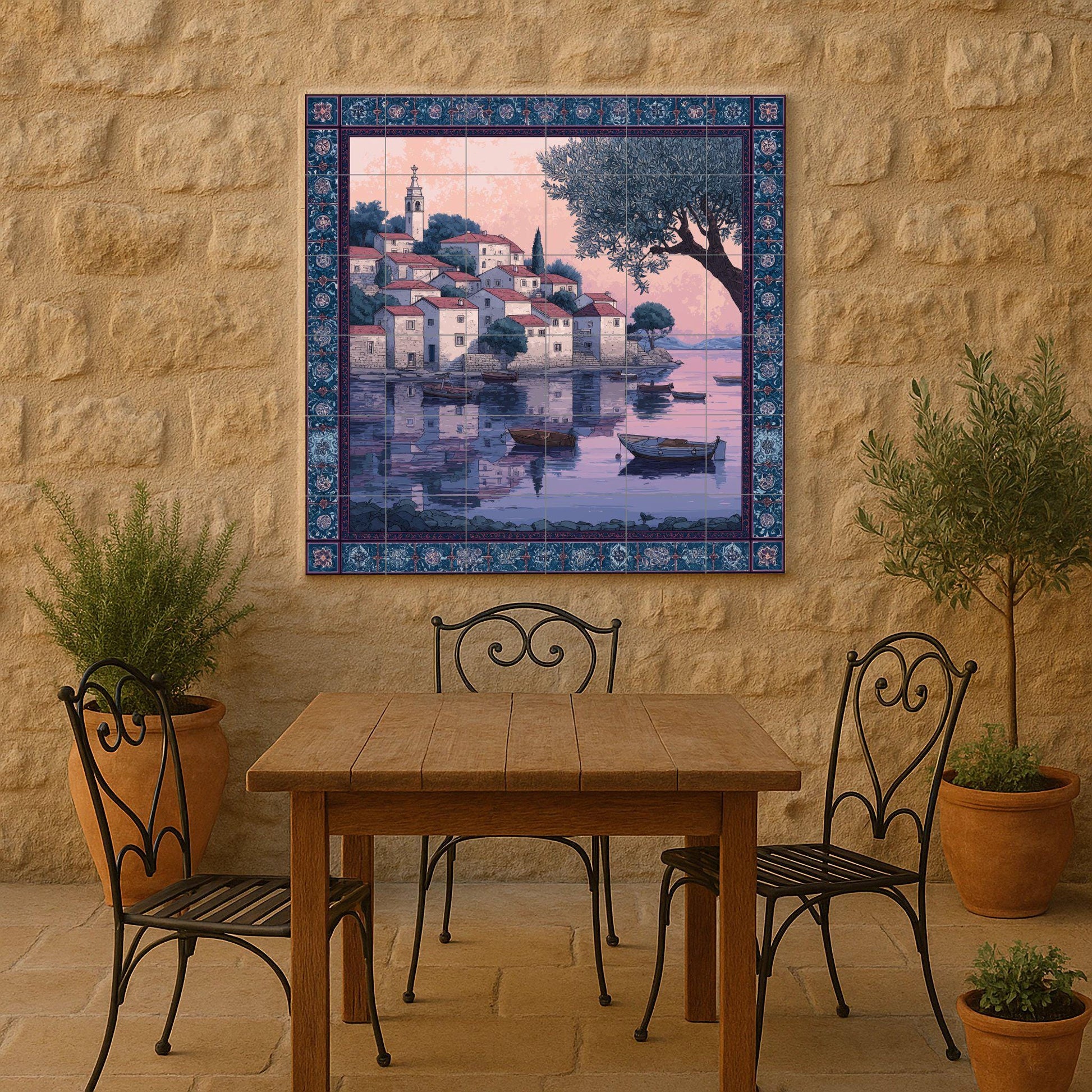 "Adriatic Sunset Village — Rustic Farmhouse Art · Tile Wall Art