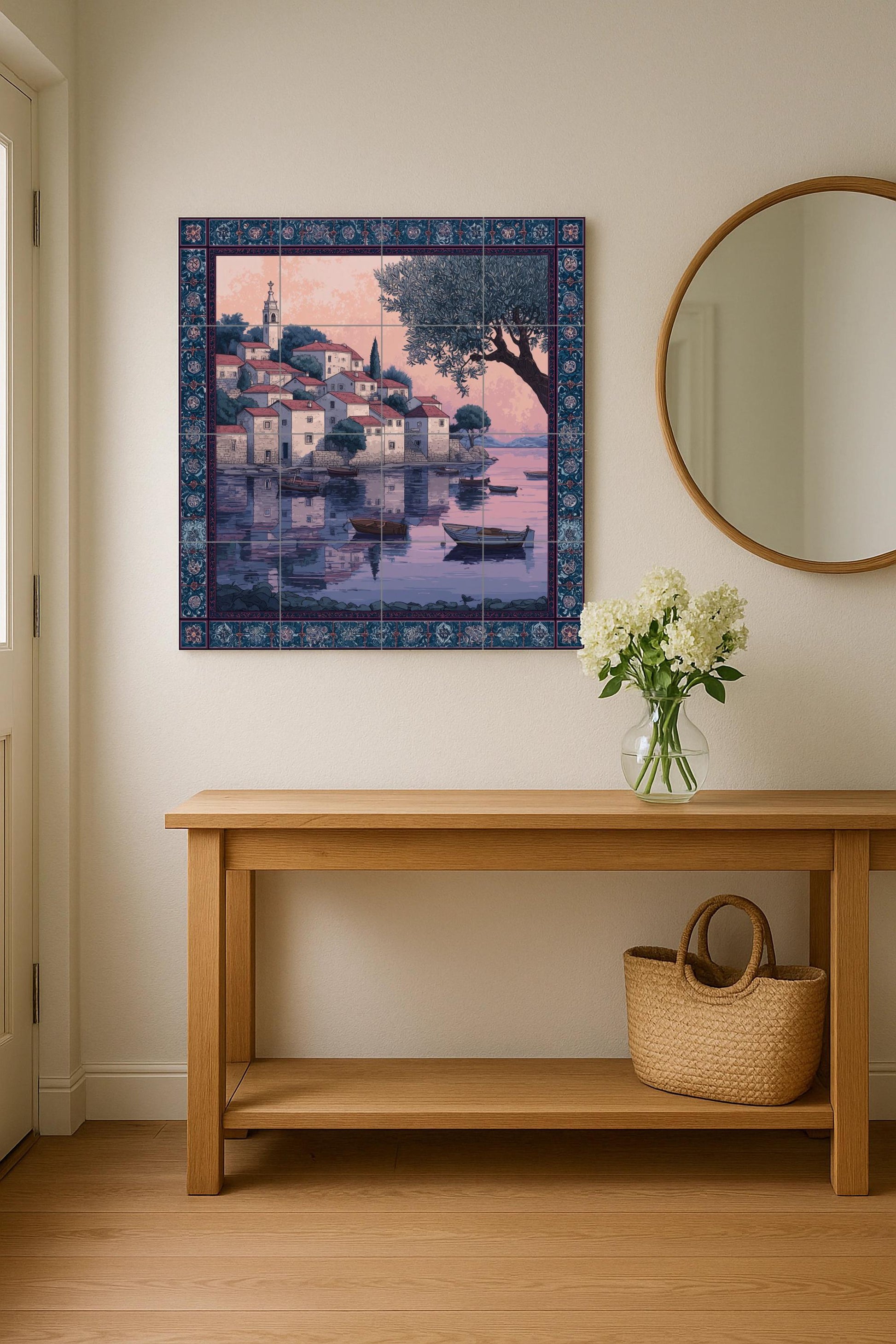 "Adriatic Sunset Village — Rustic Farmhouse Art · Tile Wall Art
