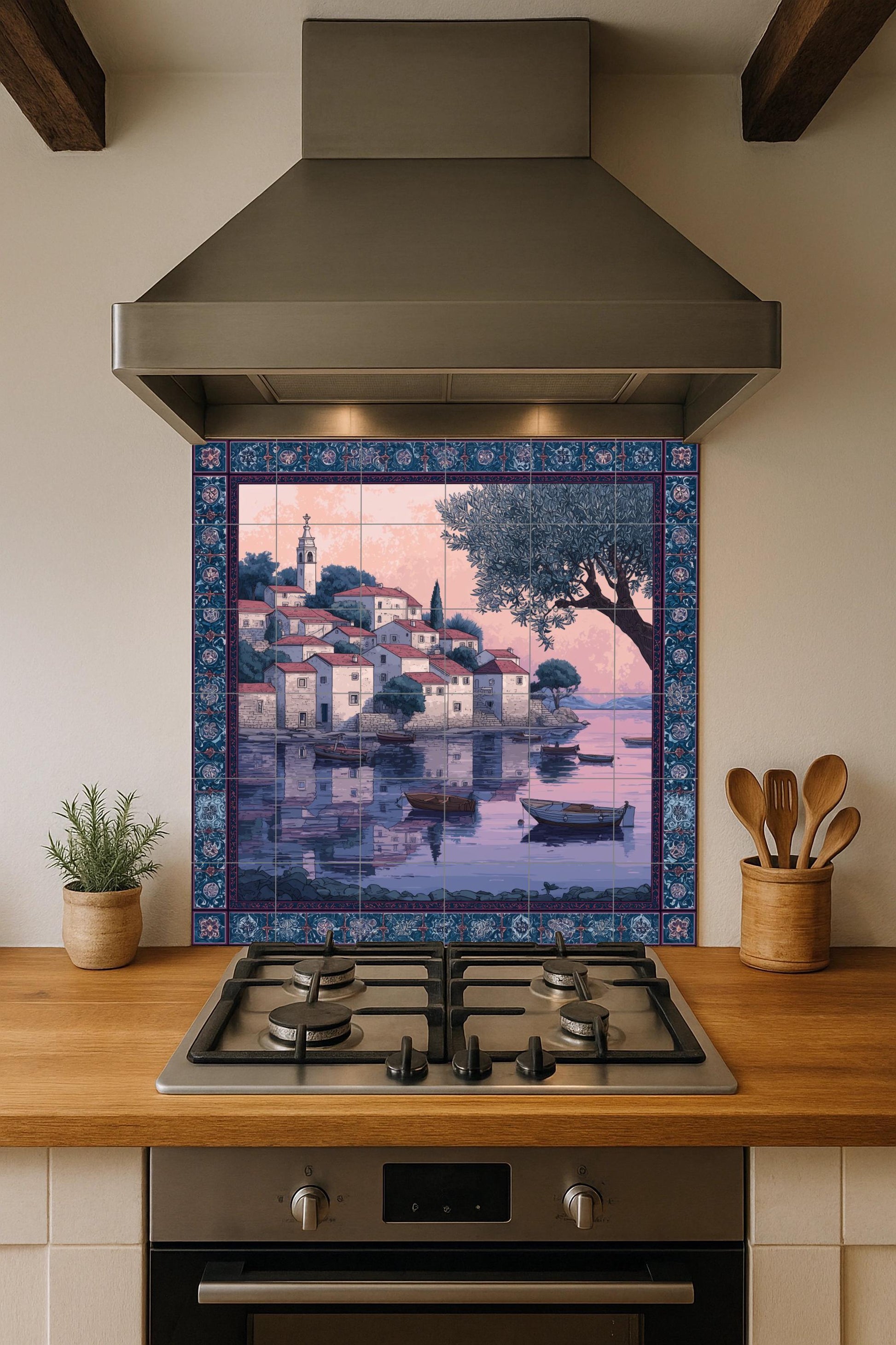 "Adriatic Sunset Village — Rustic Farmhouse Art · Tile Wall Art