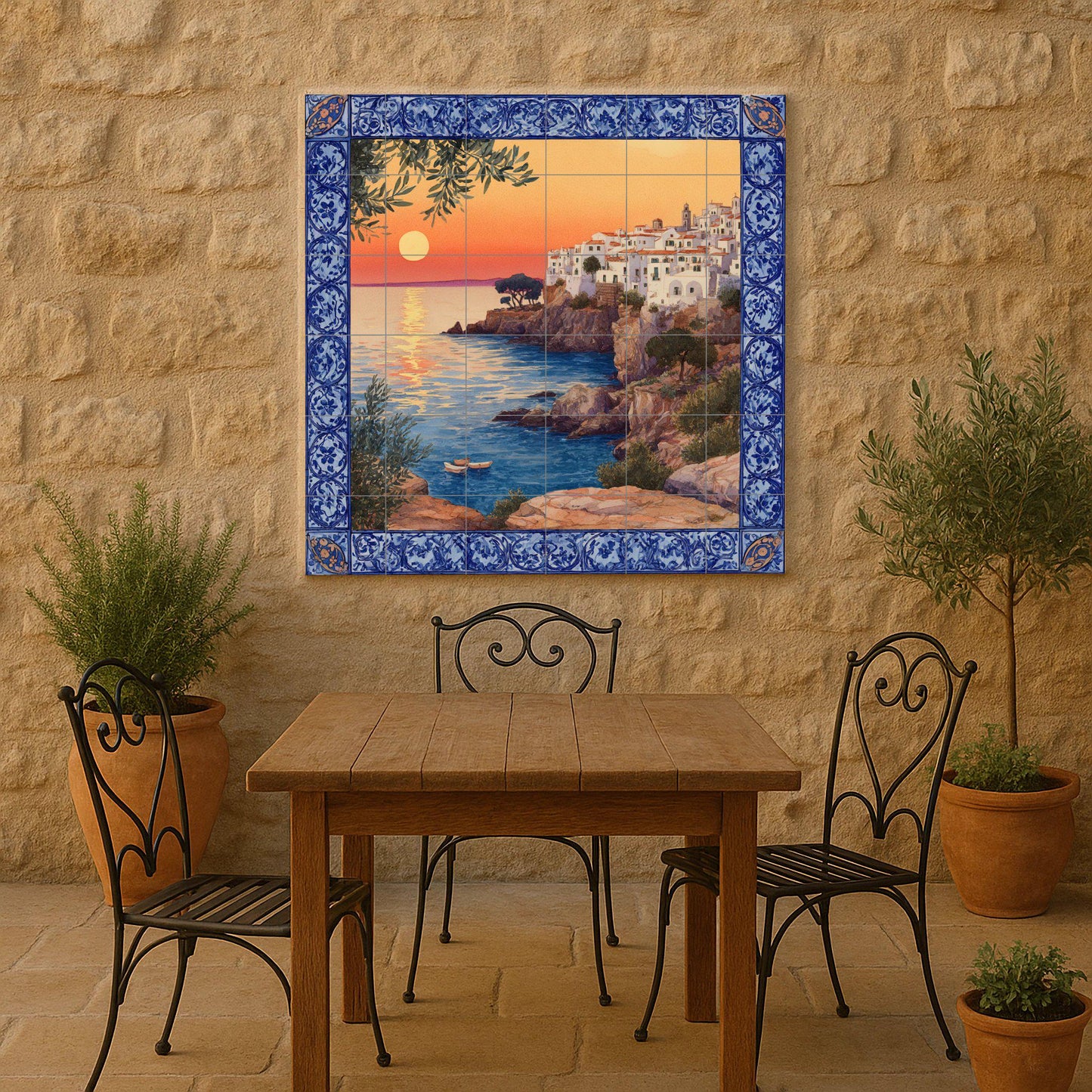 "Coucher de Soleil Méditerranéen — Fresque Murale en Carreaux de Céramique · Scène de Bord de Mer