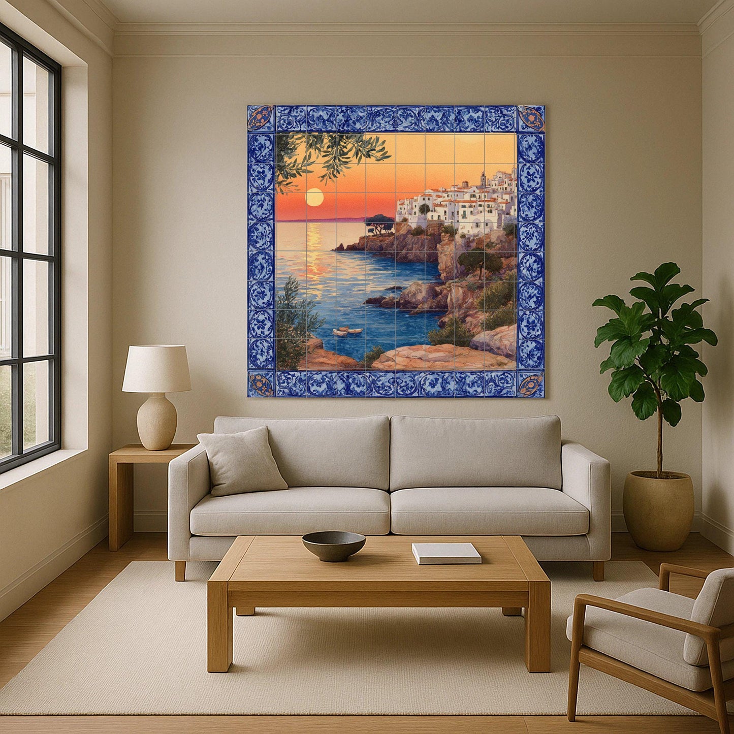 "Coucher de Soleil Méditerranéen — Fresque Murale en Carreaux de Céramique · Scène de Bord de Mer