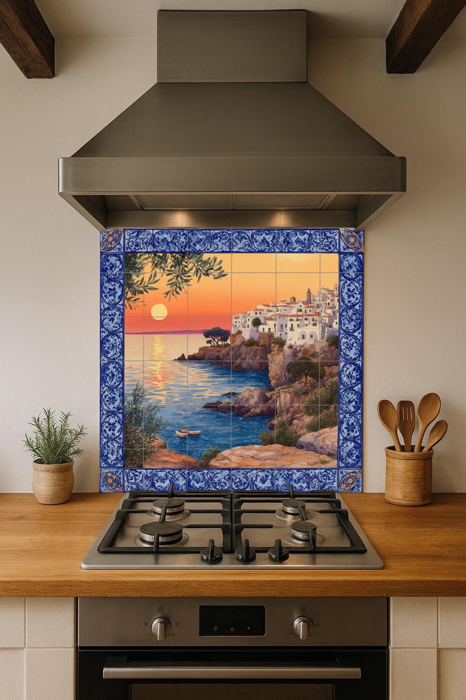 "Coucher de Soleil Méditerranéen — Fresque Murale en Carreaux de Céramique · Scène de Bord de Mer