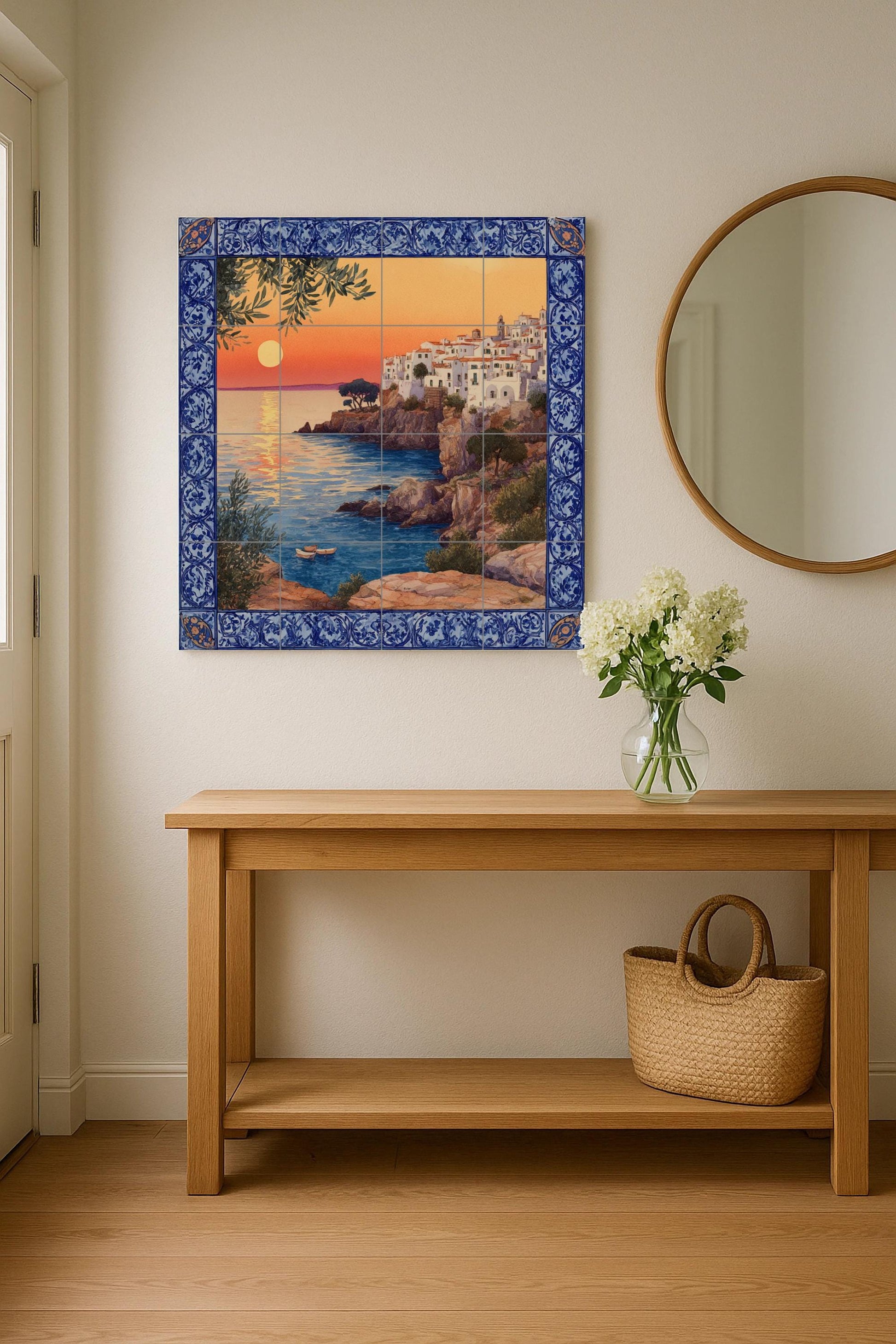 "Coucher de Soleil Méditerranéen — Fresque Murale en Carreaux de Céramique · Scène de Bord de Mer