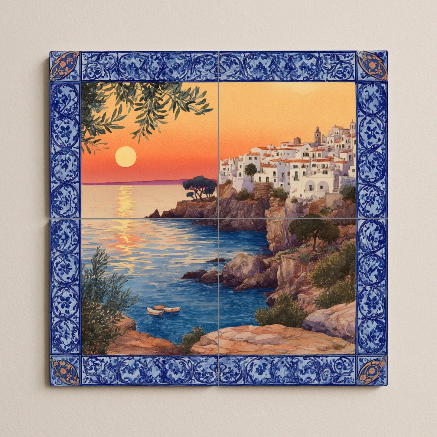 "Coucher de Soleil Méditerranéen — Fresque Murale en Carreaux de Céramique · Scène de Bord de Mer