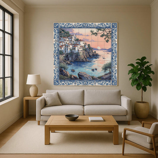 Mural de azulejos con puesta de sol en el Mediterráneo