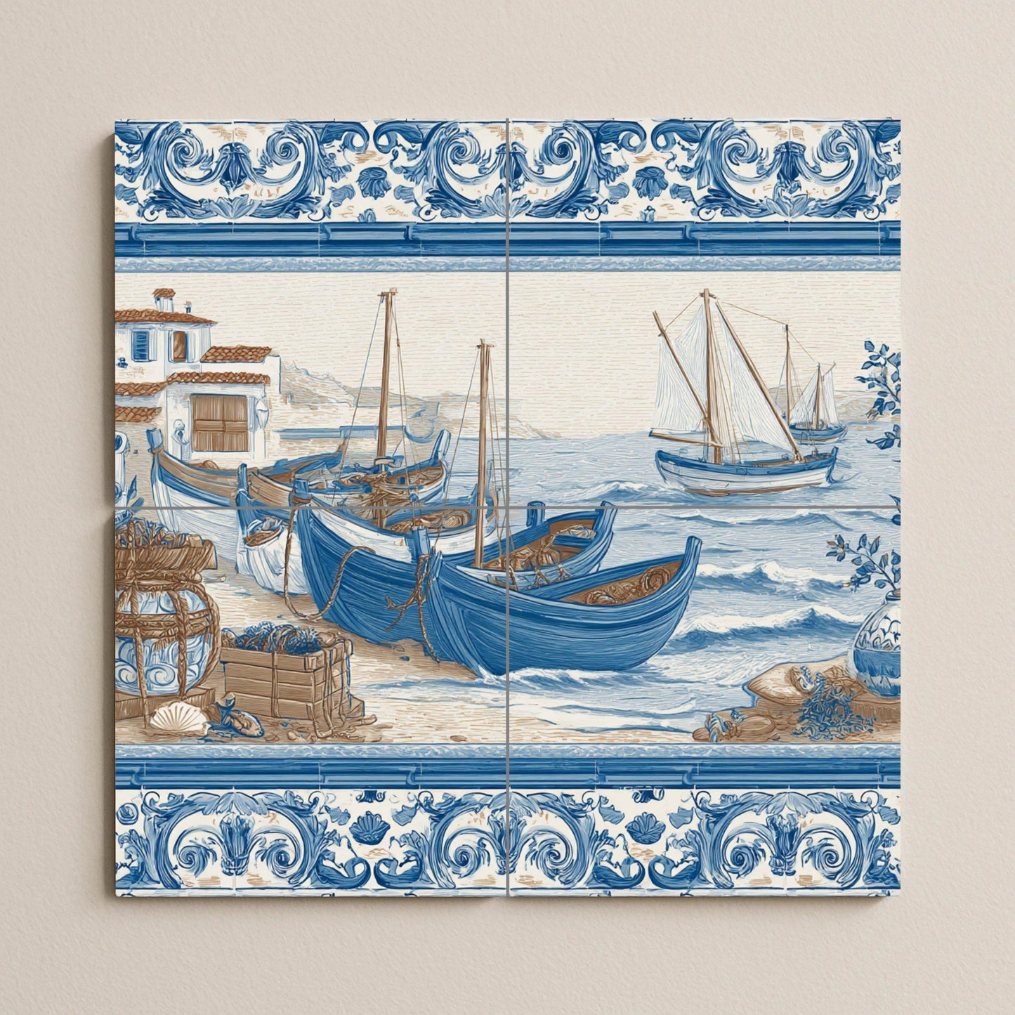 Con barcos pesqueros mediterráneos — Seaside Scene · Ceramic Tile Mural