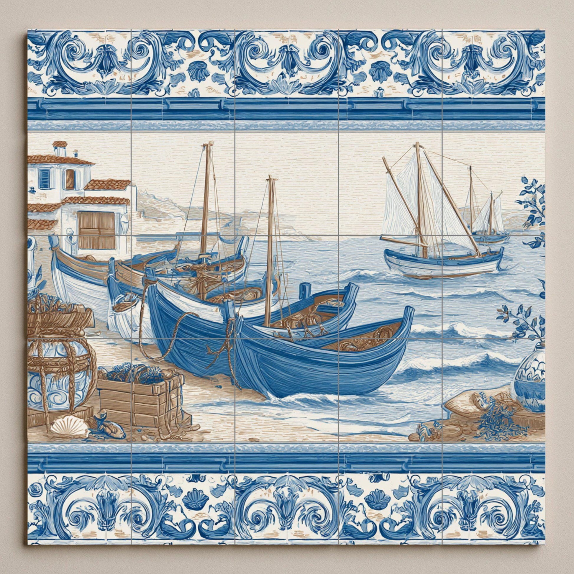 Con barcos pesqueros mediterráneos — Seaside Scene · Ceramic Tile Mural
