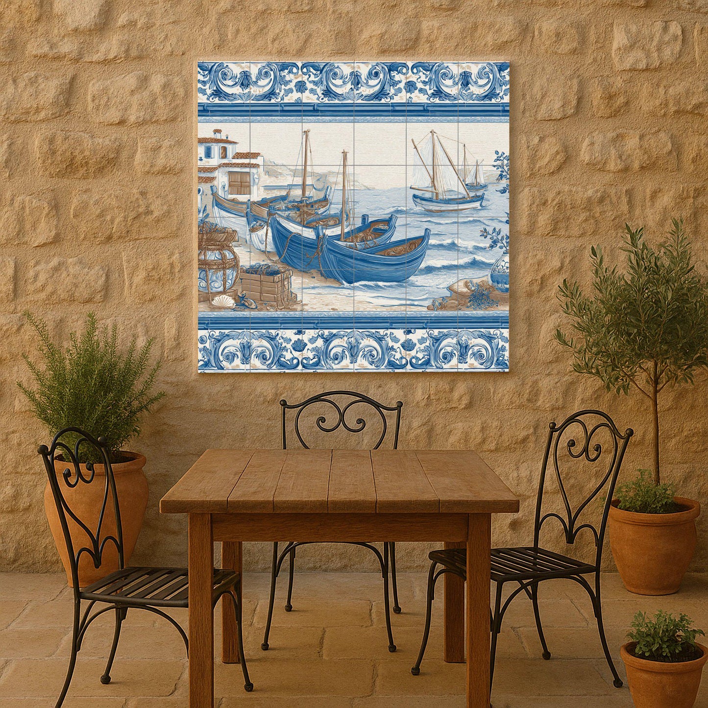 Con barcos pesqueros mediterráneos — Seaside Scene · Ceramic Tile Mural