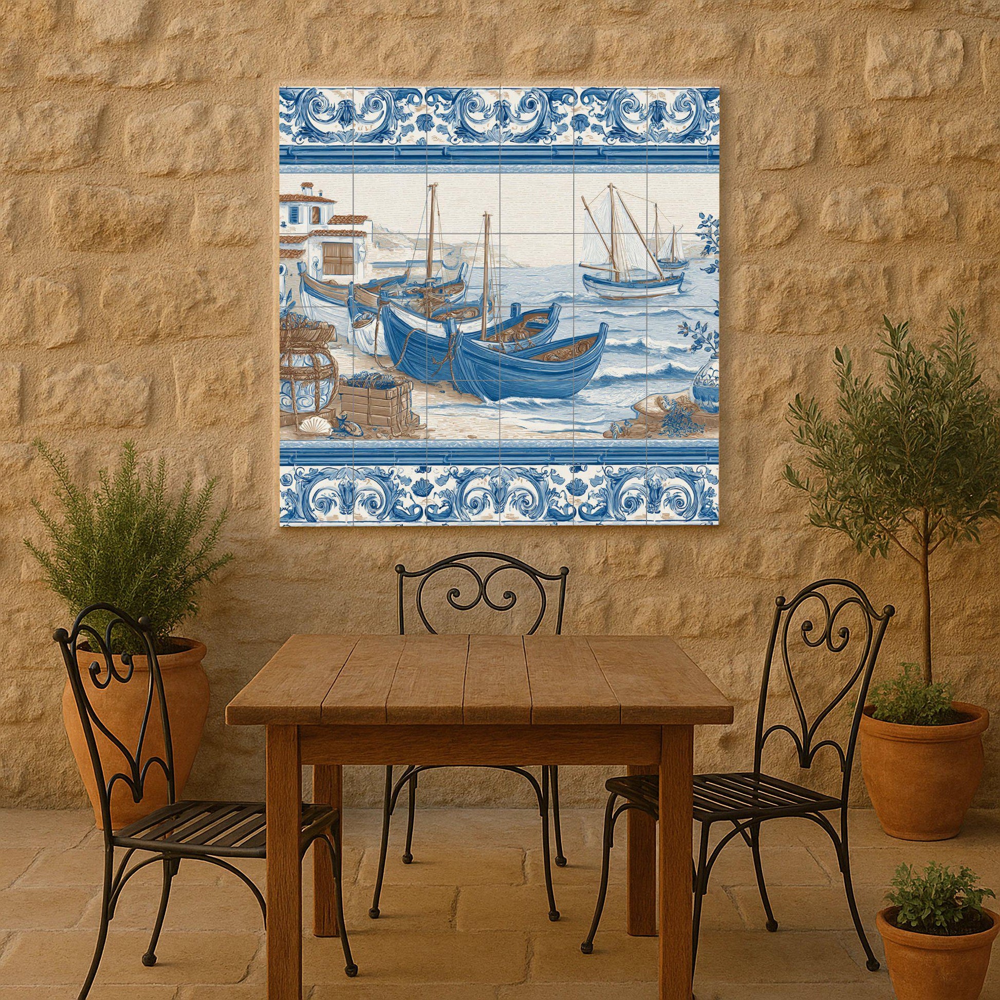 Con barcos pesqueros mediterráneos — Seaside Scene · Ceramic Tile Mural