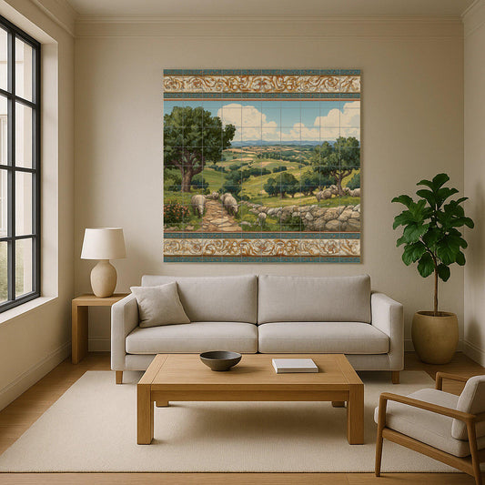 Mural de azulejos con paisaje pastoral