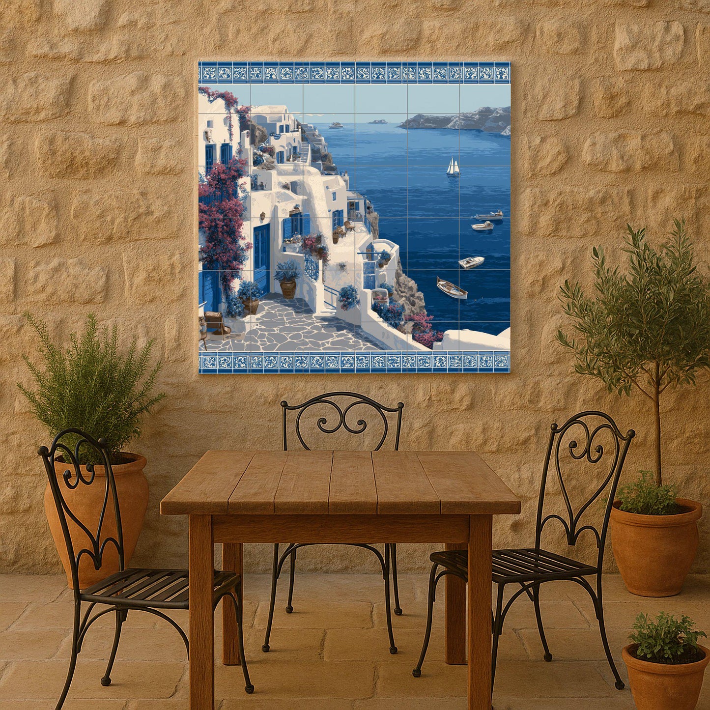 Fresque en Carrelage Côtier de Santorini — Décor Mural Nautique