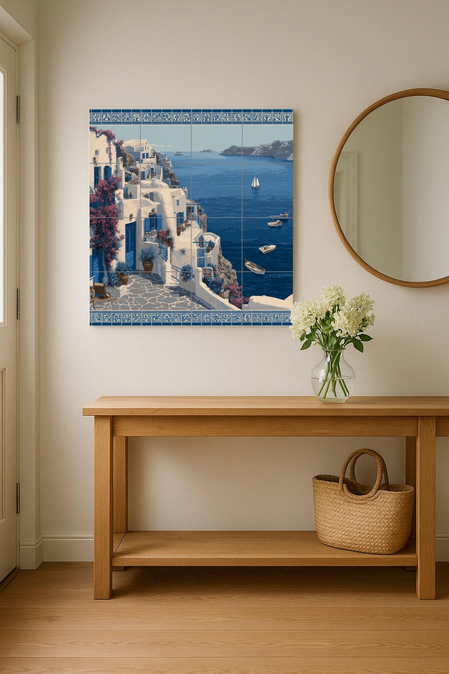 Fresque en Carrelage Côtier de Santorini — Décor Mural Nautique