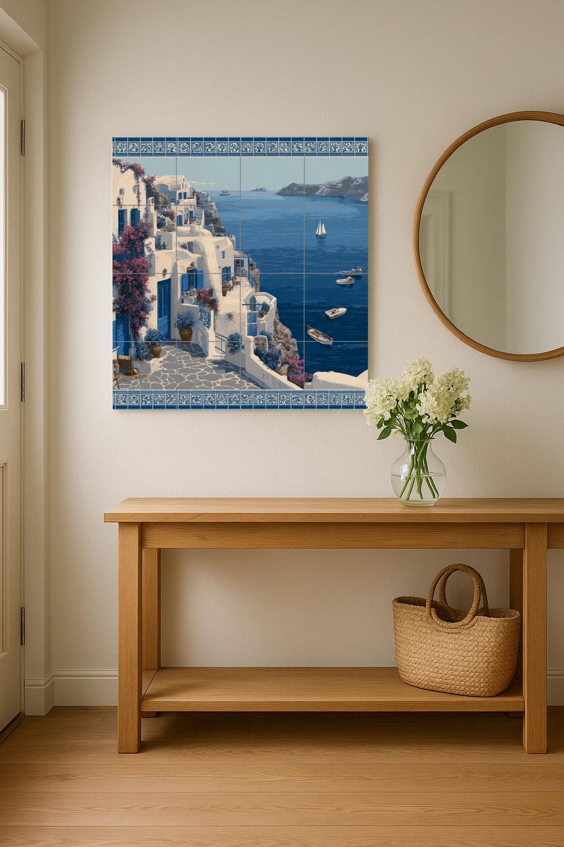 Fresque en Carrelage Côtier de Santorini — Décor Mural Nautique