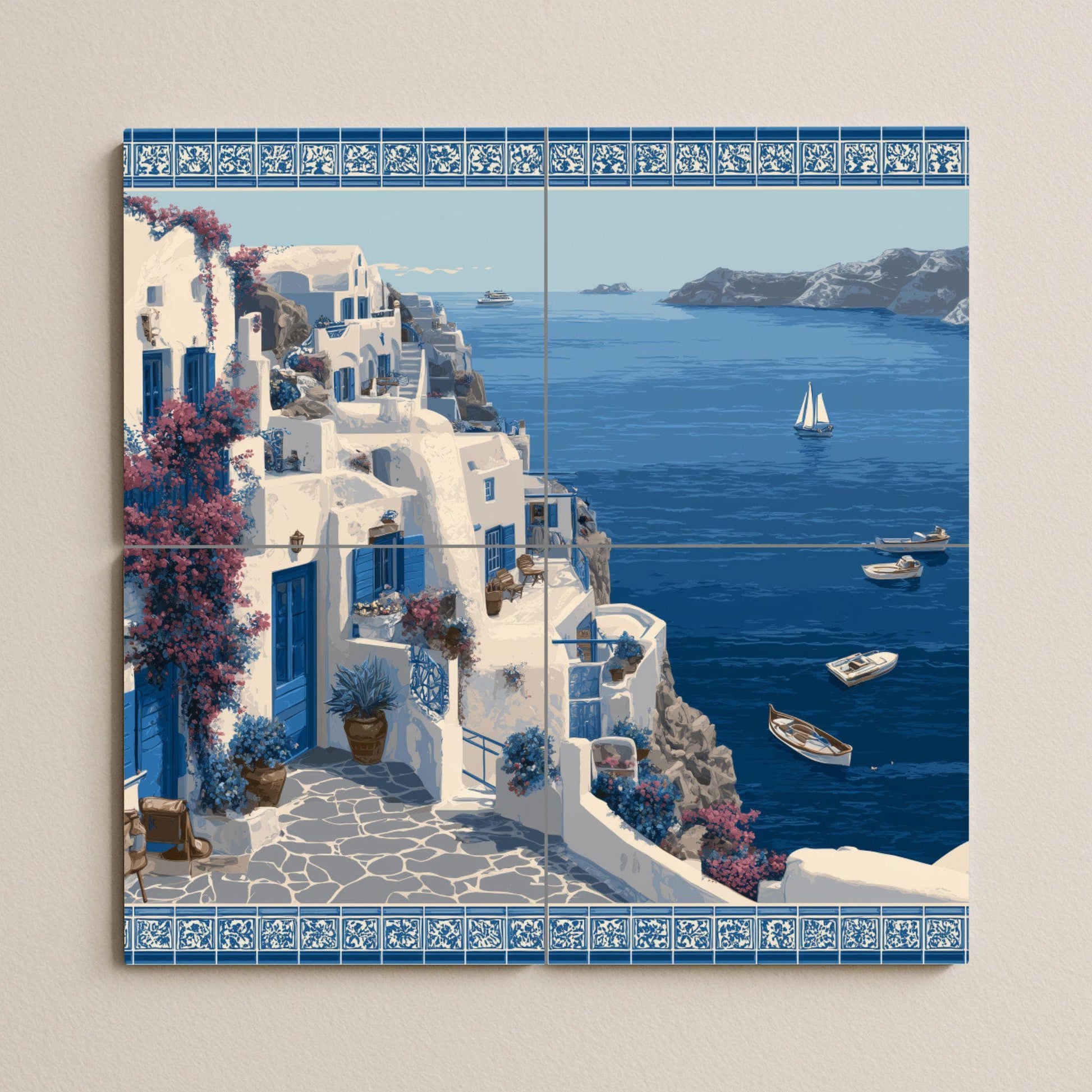 Fresque en Carrelage Côtier de Santorini — Décor Mural Nautique