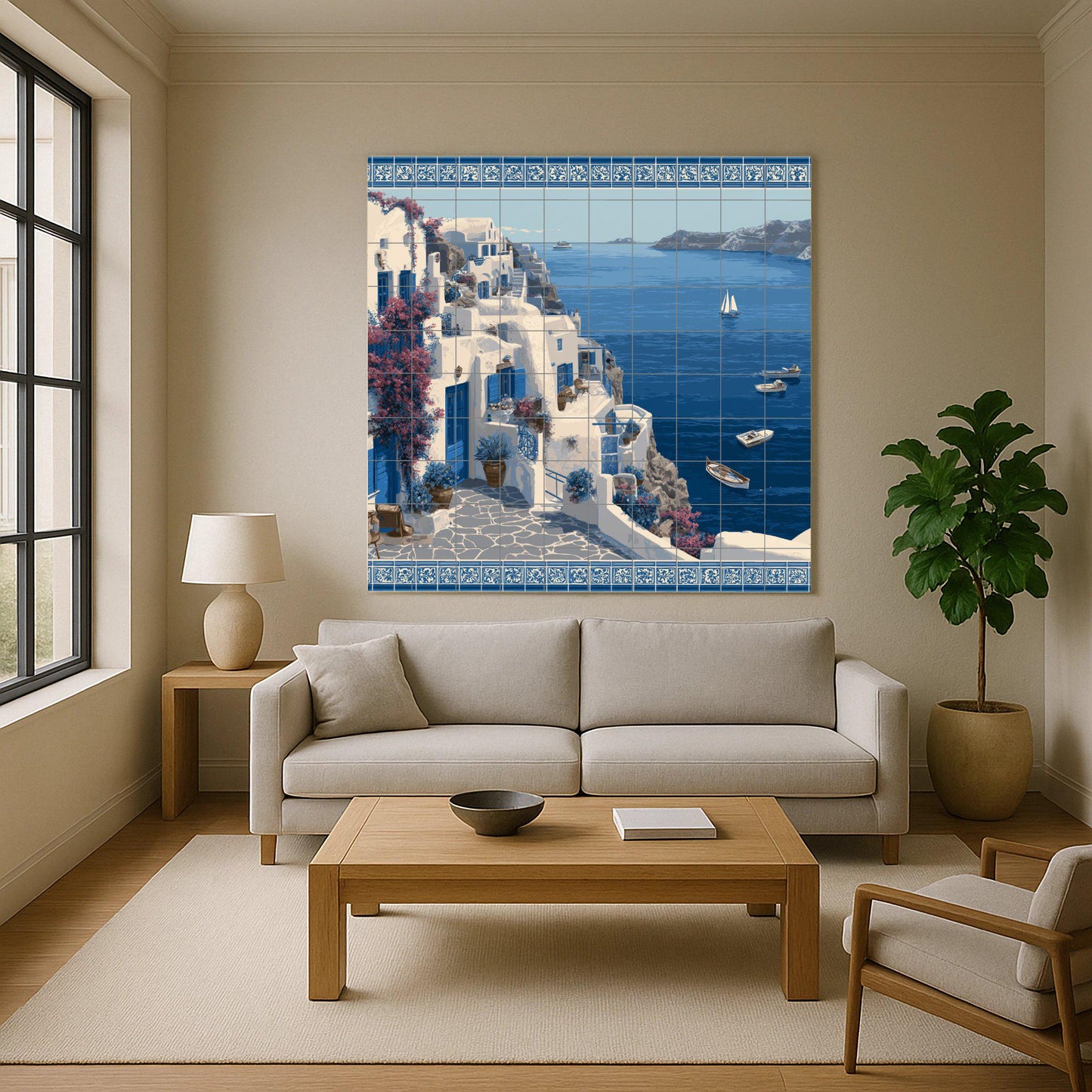 Fresque en Carrelage Côtier de Santorini — Décor Mural Nautique