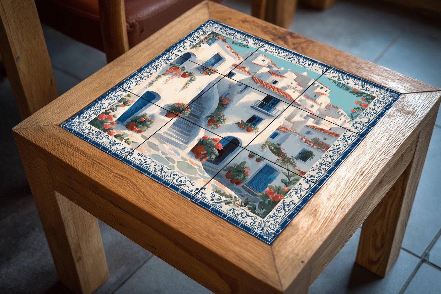 Mural de azulejos con escaleras de pueblo griego, escena de puerta…