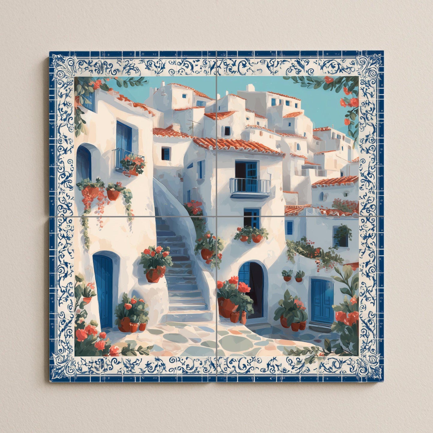 Mural de azulejos con escaleras de pueblo griego, escena de puerta…