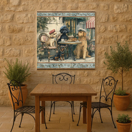 Perros en un café parisino · Ceramic Wall Mural — Culinary Wall Décor