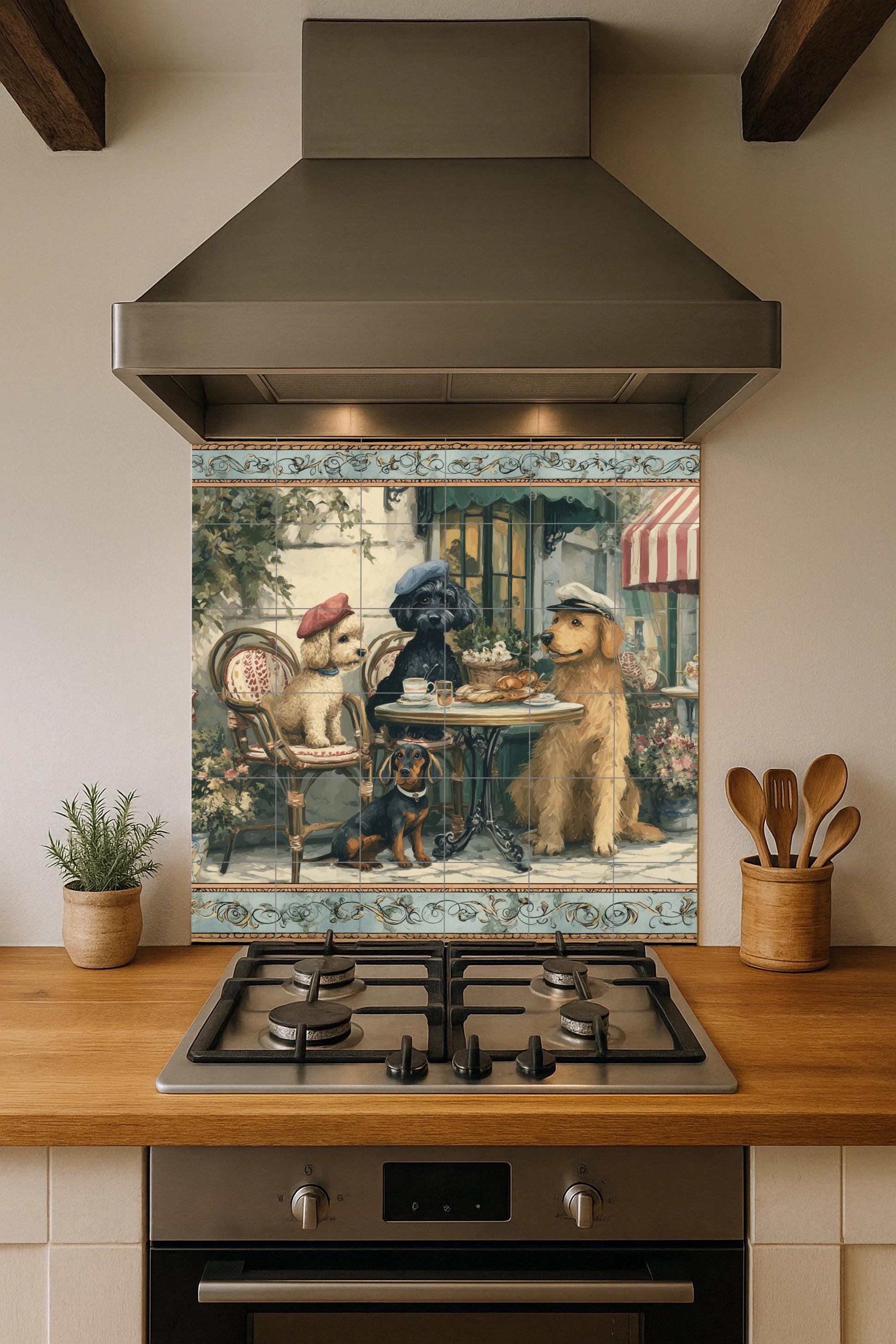 Perros en un café parisino · Fresque Céramique — Art Rustique de Ferme