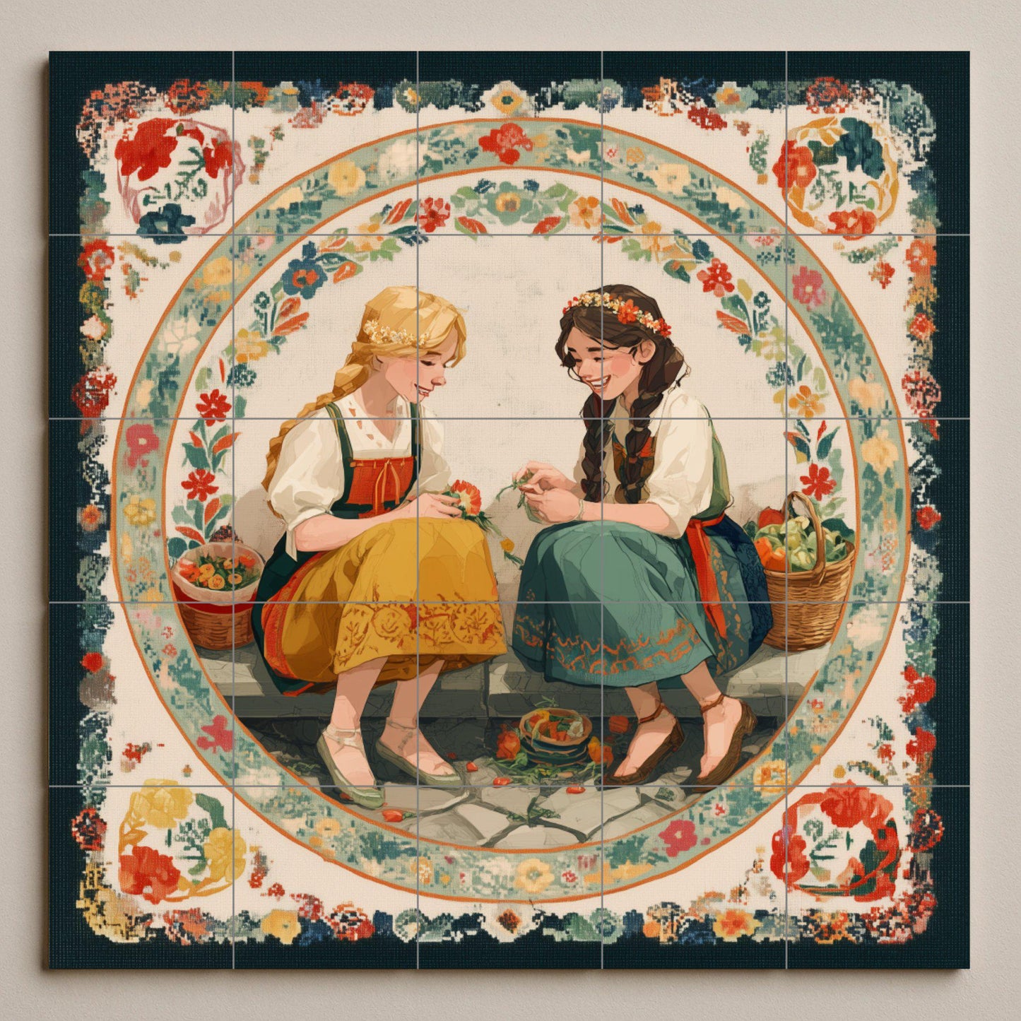 Dos niñas con trajes típicos y cestas · Fresque Céramique — Décor d'Art Populaire