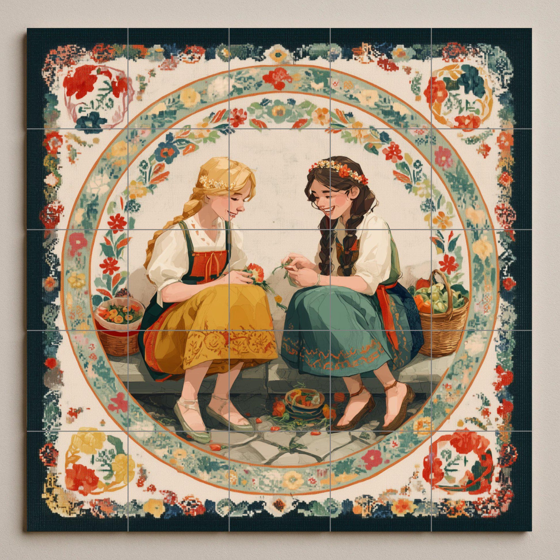 Dos niñas con trajes típicos y cestas · Fresque Céramique — Décor d'Art Populaire