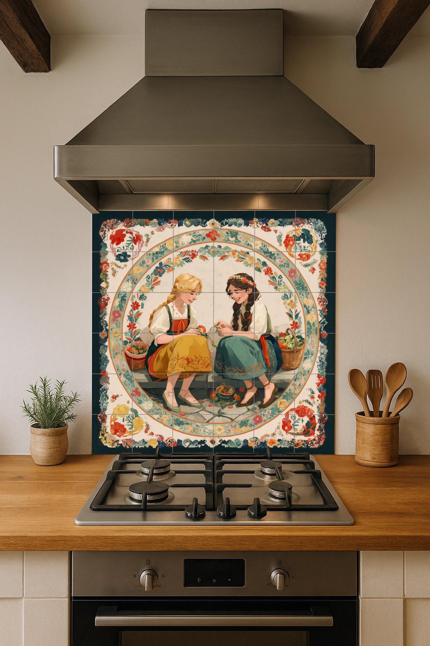 Dos niñas con trajes típicos y cestas · Fresque Céramique — Décor d'Art Populaire