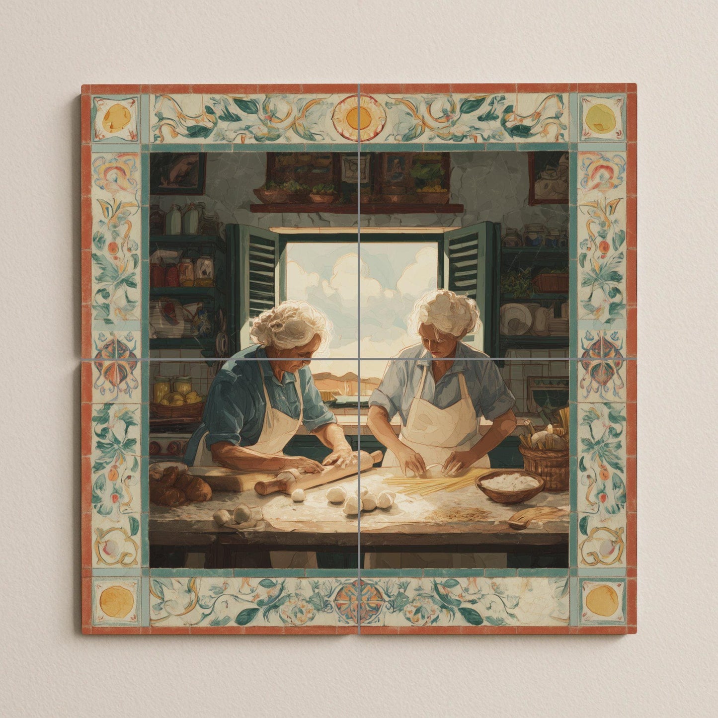Nonnas italianas preparando pasta — Countryside Kitchen Art · Ceramic Tile Mural