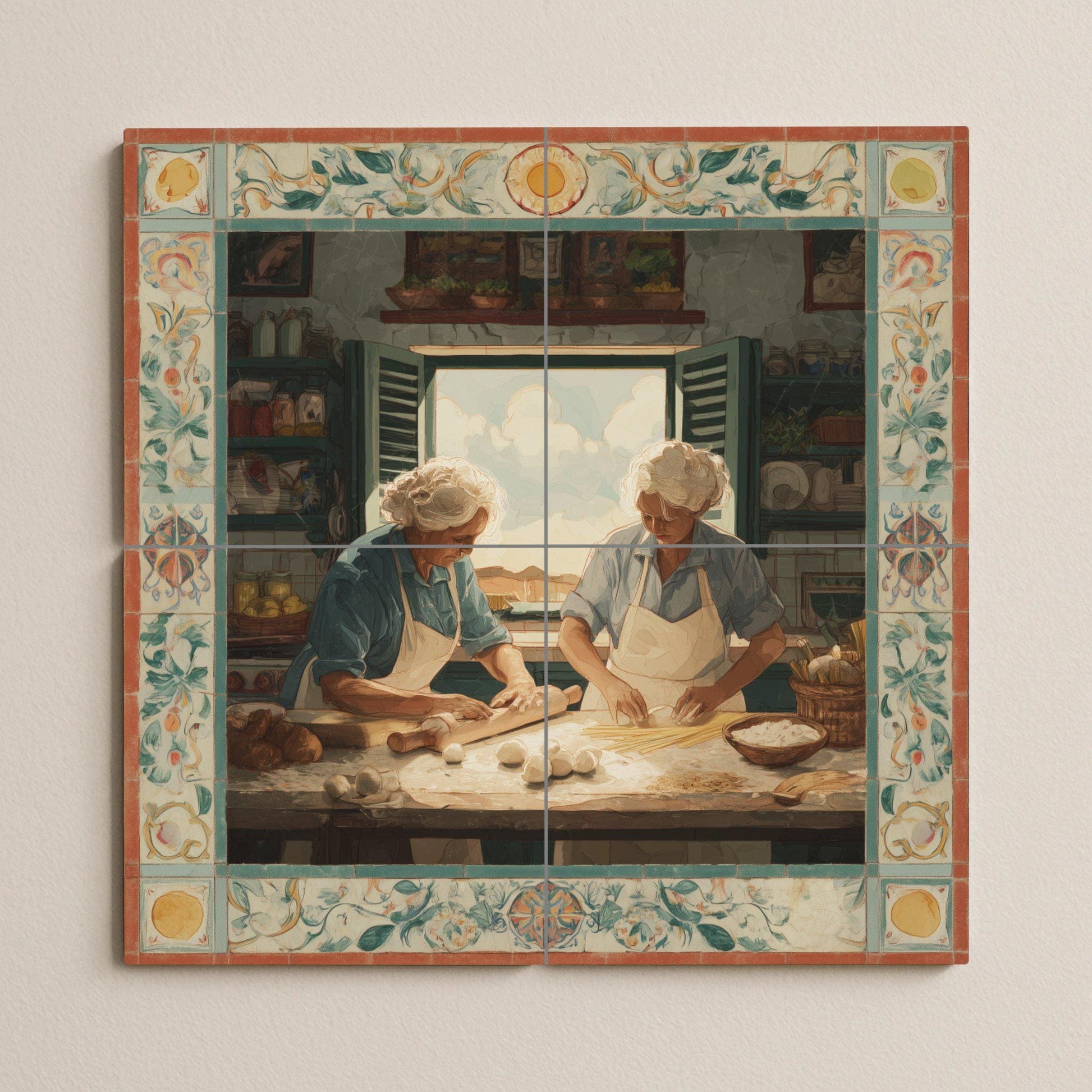 Nonnas italianas preparando pasta — Countryside Kitchen Art · Ceramic Tile Mural