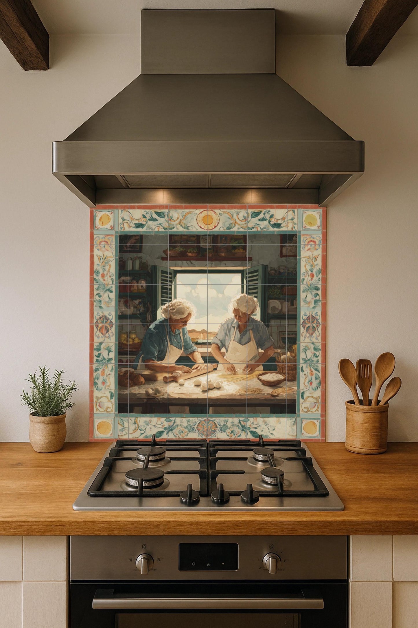 Nonnas italianas preparando pasta — Countryside Kitchen Art · Ceramic Tile Mural
