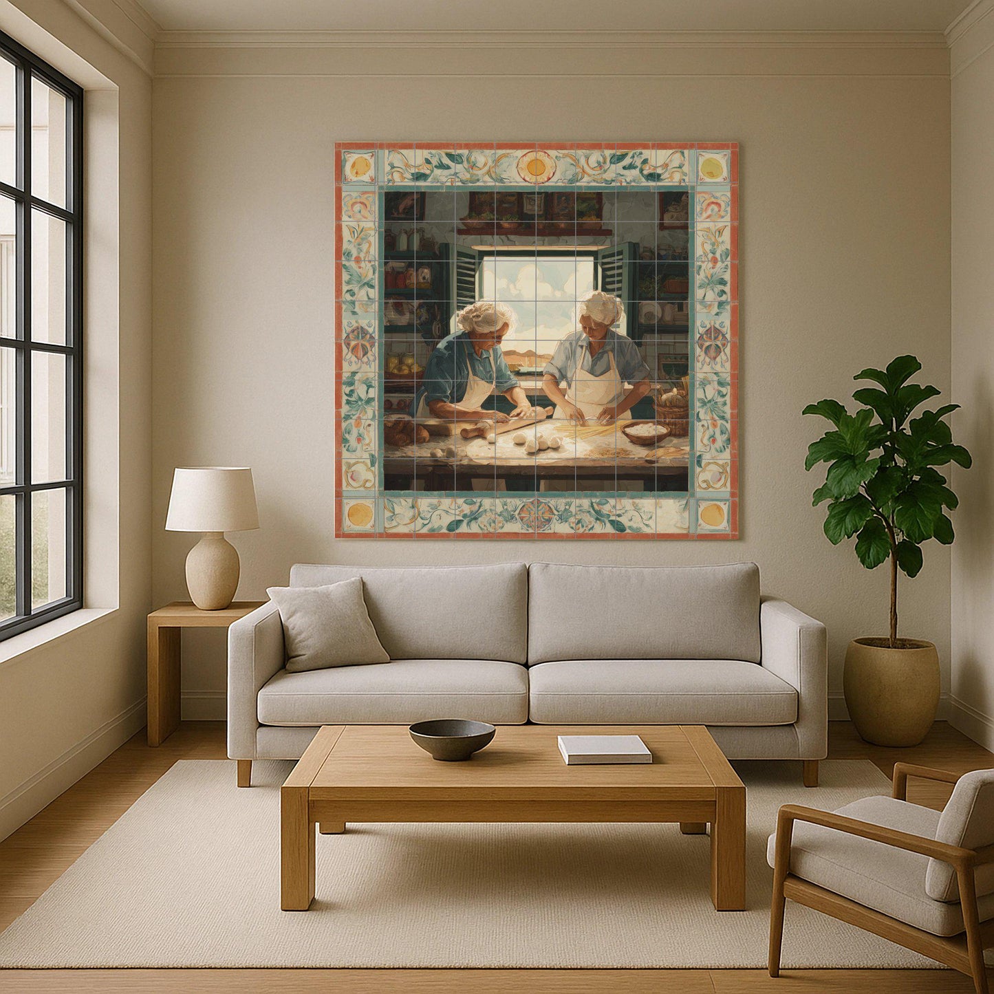 Nonnas italianas preparando pasta — Countryside Kitchen Art · Ceramic Tile Mural