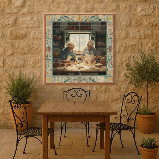 Nonnas italianas preparando pasta — Countryside Kitchen Art · Ceramic Tile Mural