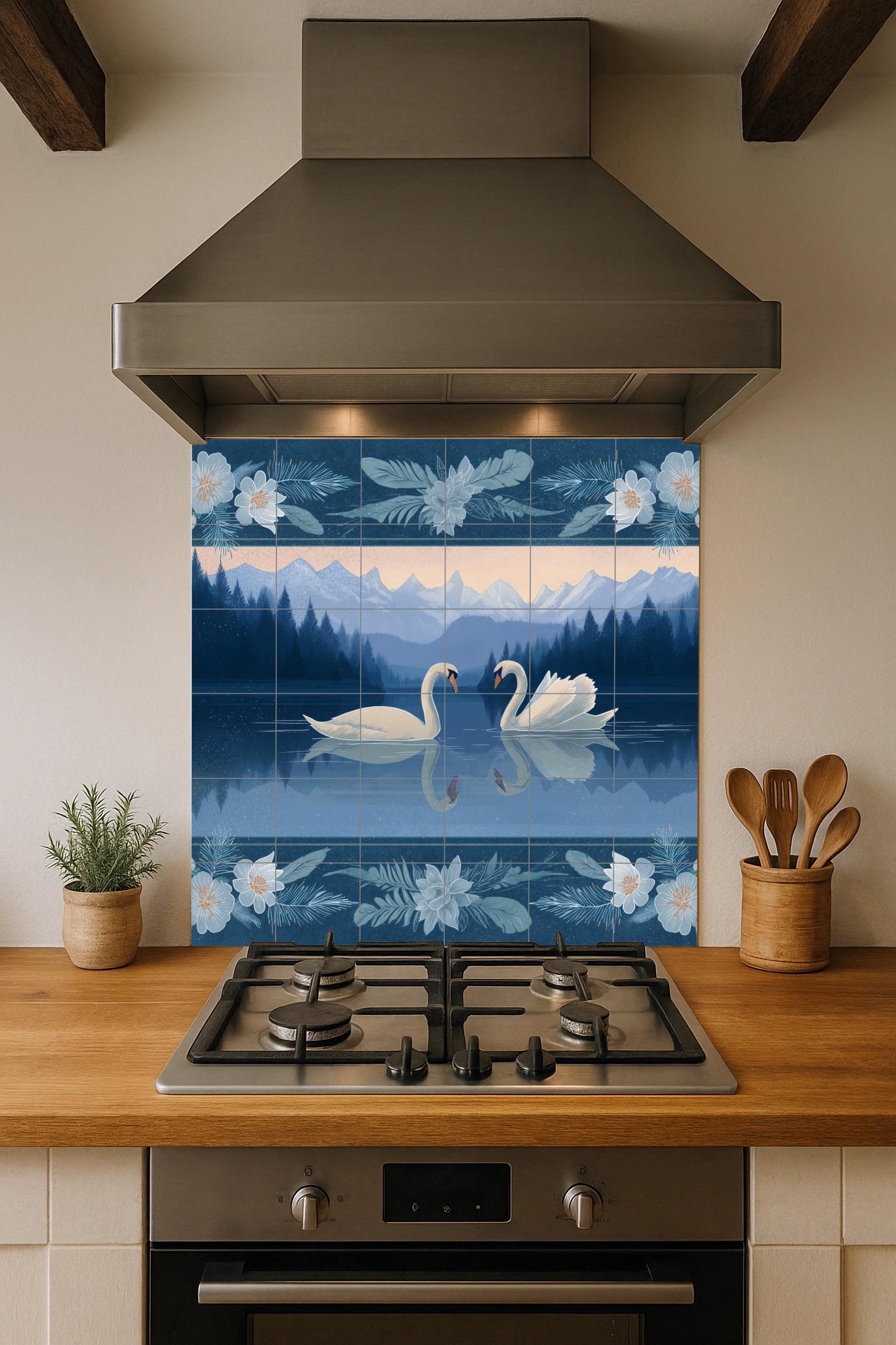 Cisnes alpinos — Flowers & Landscape Art · Ceramic Tile Mural