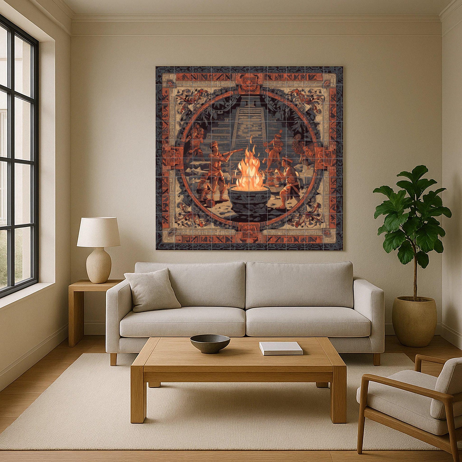Ceremonia des Fuego Maya — Fliesen-Wandbild aus Keramik · Landhausküchen-Kunst