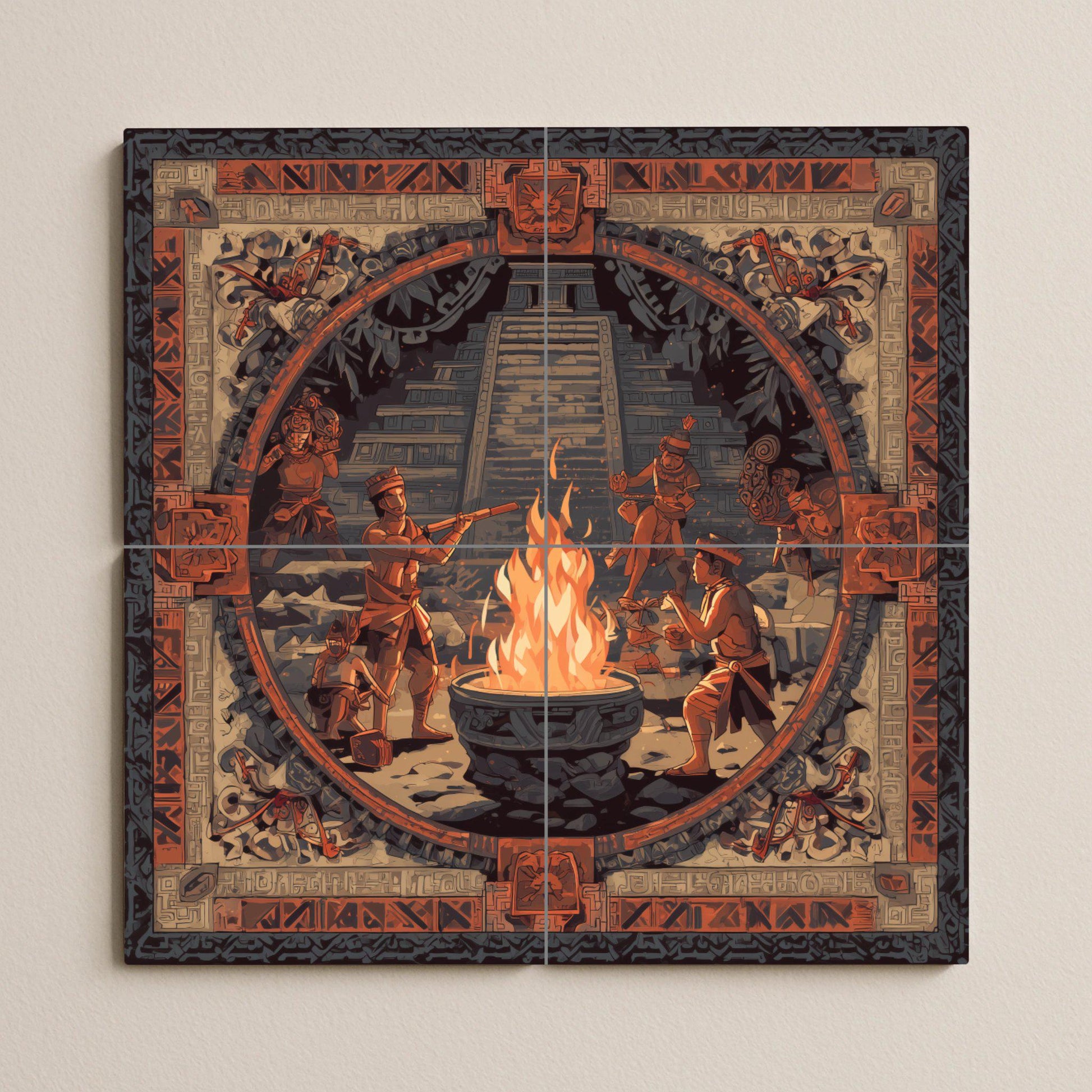 Ceremonia des Fuego Maya — Fliesen-Wandbild aus Keramik · Landhausküchen-Kunst