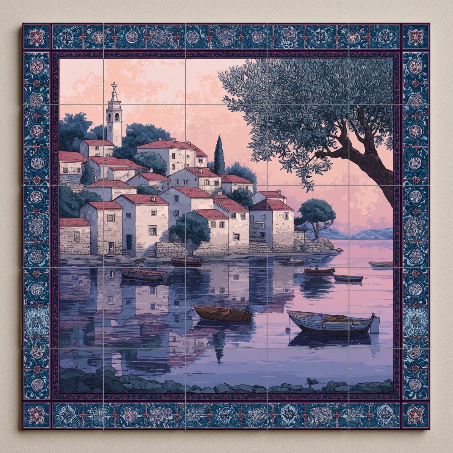 "Adriatic Sunset Village — Rustic Farmhouse Art · Tile Wall Art