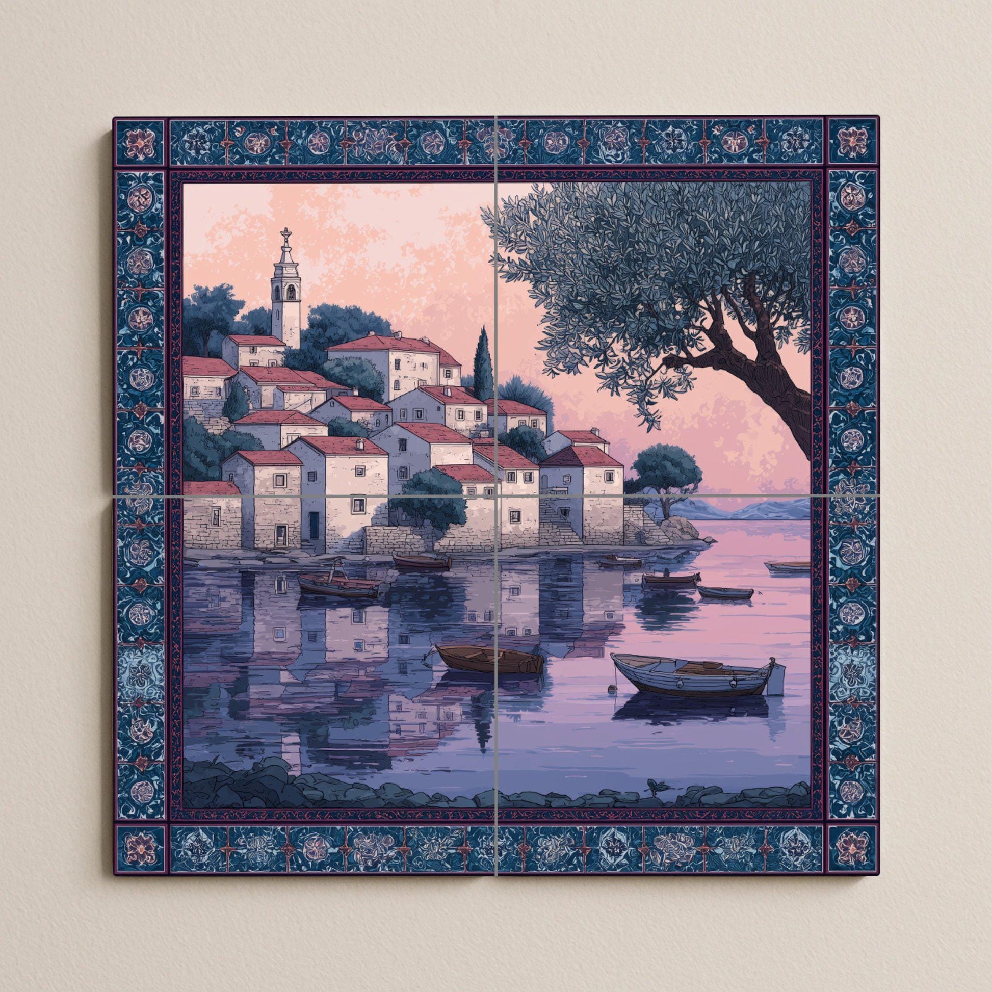 "Adriatic Sunset Village — Rustic Farmhouse Art · Tile Wall Art