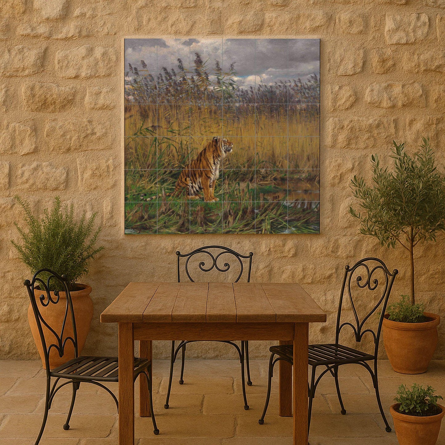 "Tigre entre los juncos — Fauna-Fliesenkunst, Wandkunst aus Keramikfliesen