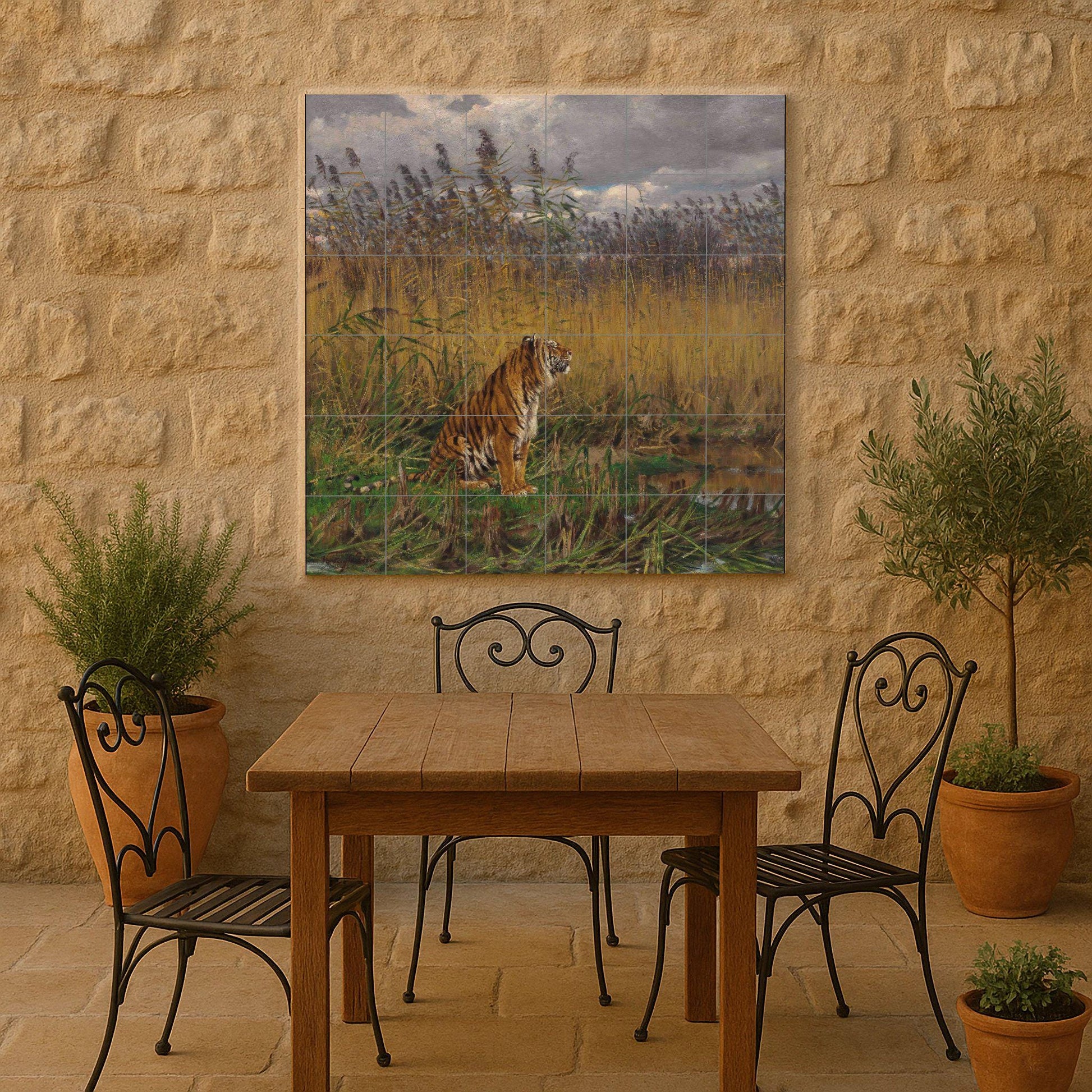 "Tigre entre los juncos — Fauna-Fliesenkunst, Wandkunst aus Keramikfliesen