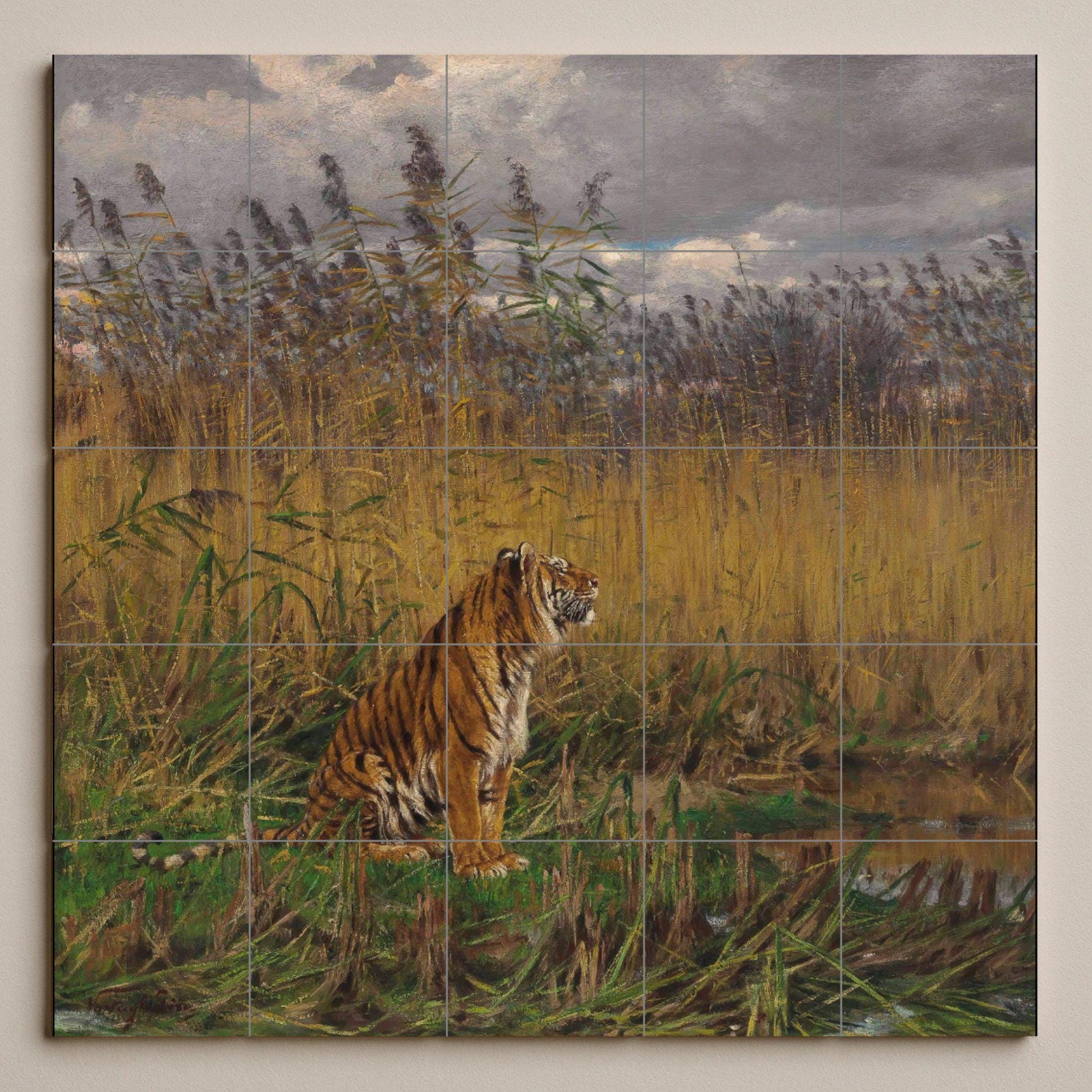 "Tigre entre los juncos — Fauna-Fliesenkunst, Wandkunst aus Keramikfliesen