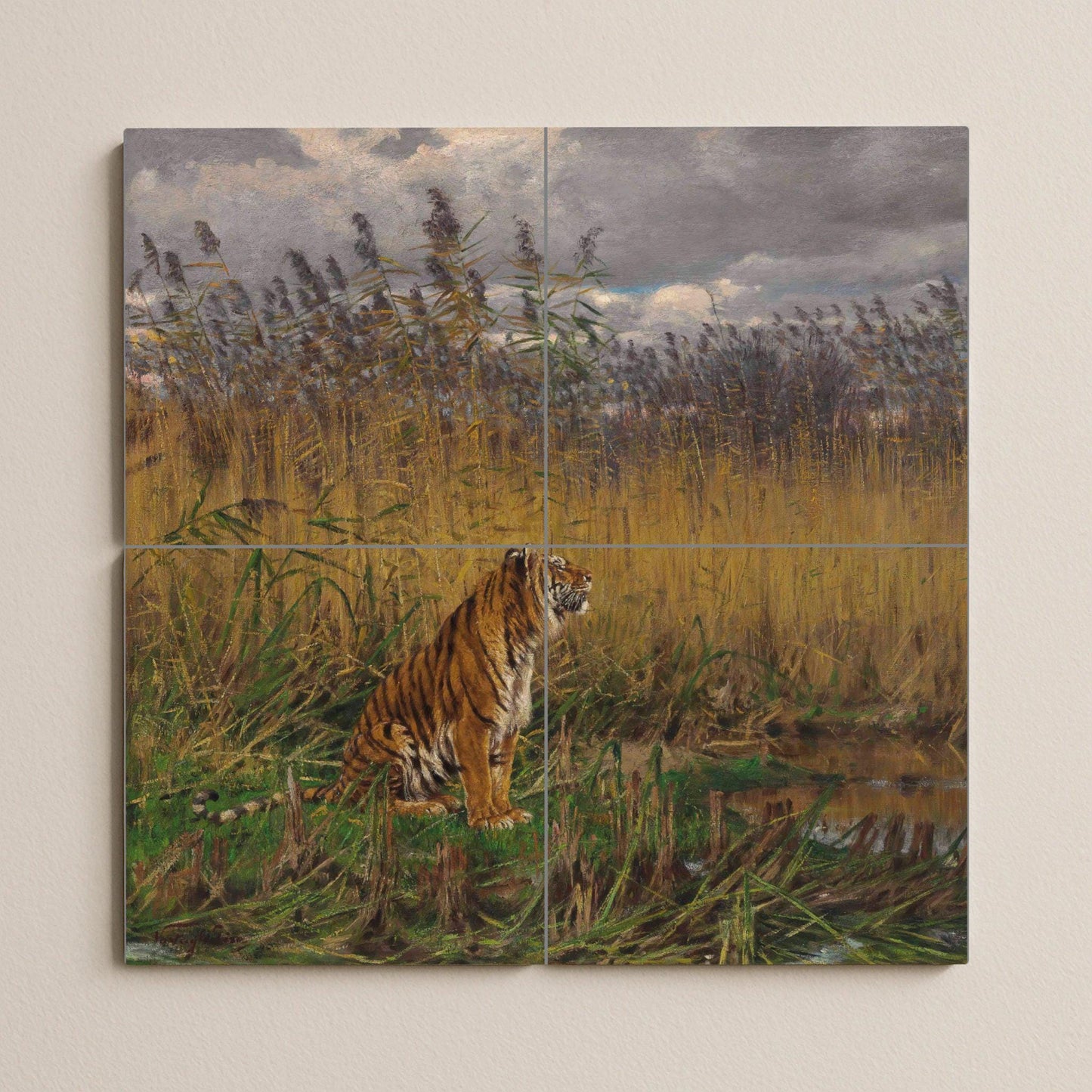 "Tigre entre los juncos — Fauna-Fliesenkunst, Wandkunst aus Keramikfliesen