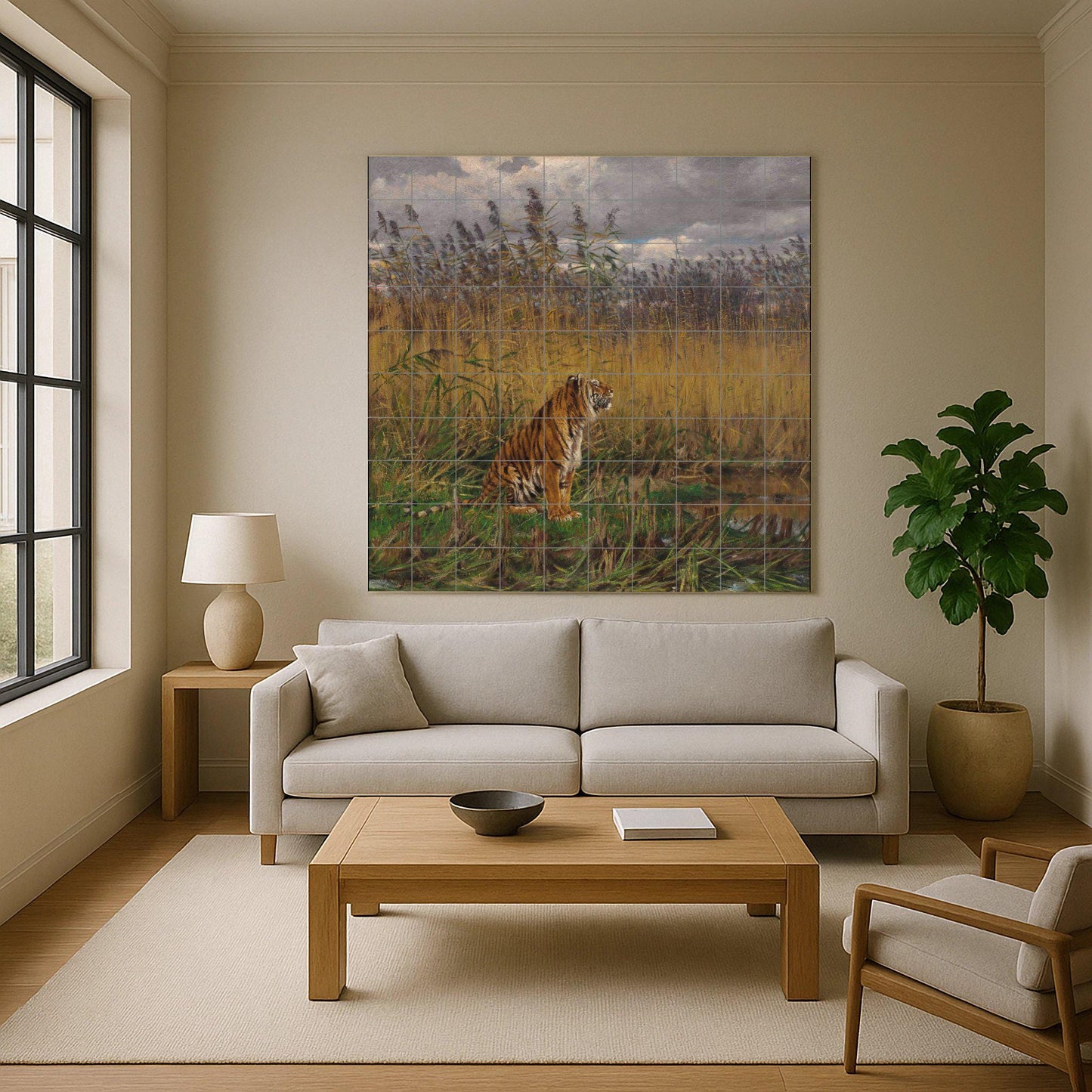 "Tigre entre los juncos — Fauna-Fliesenkunst, Wandkunst aus Keramikfliesen